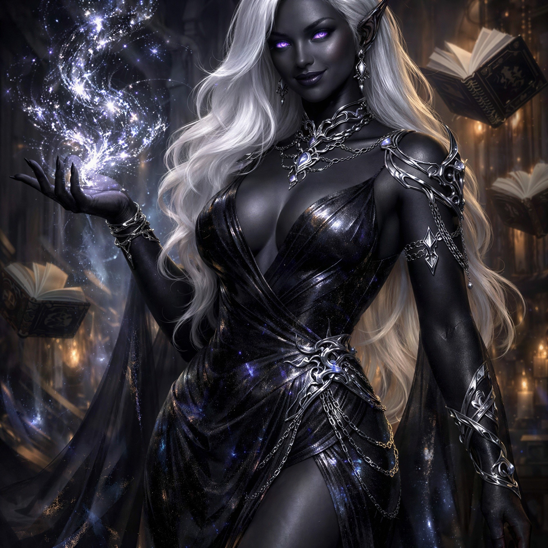 Dark-skinned elf in metallic dress with magical energy