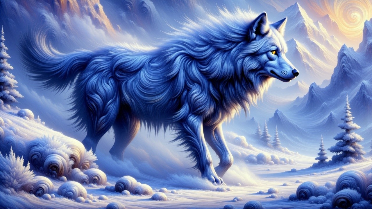 Majestic blue wolf in serene snowy landscape