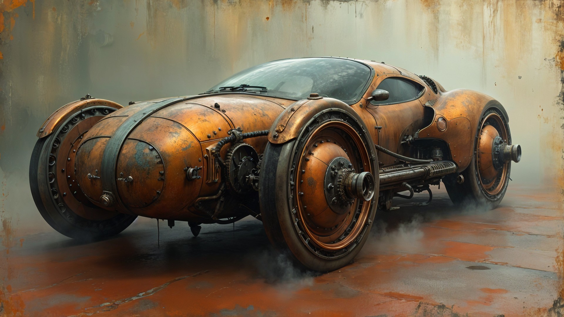 Futuristic Steampunk Vehicle with Brass and Copper Design