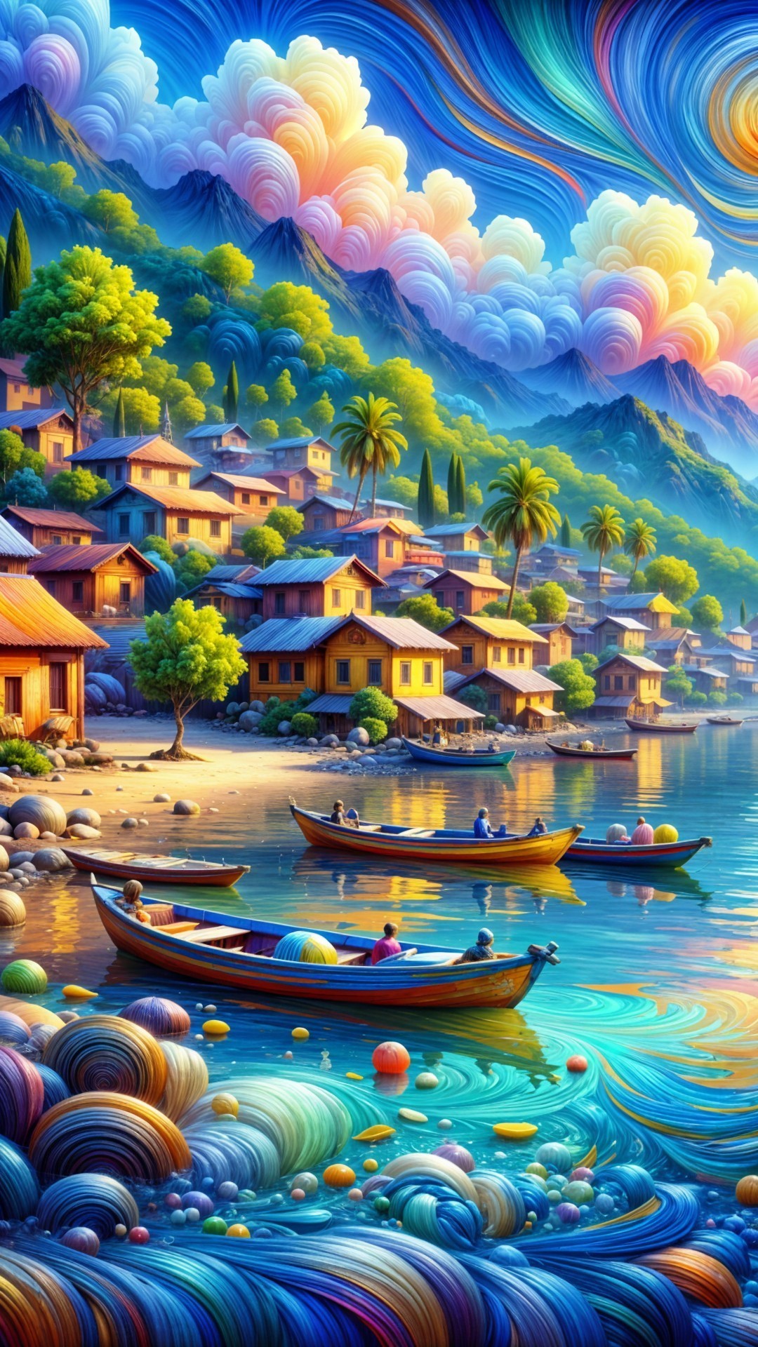 Vibrant Coastal Scene with Colorful Houses and Boats