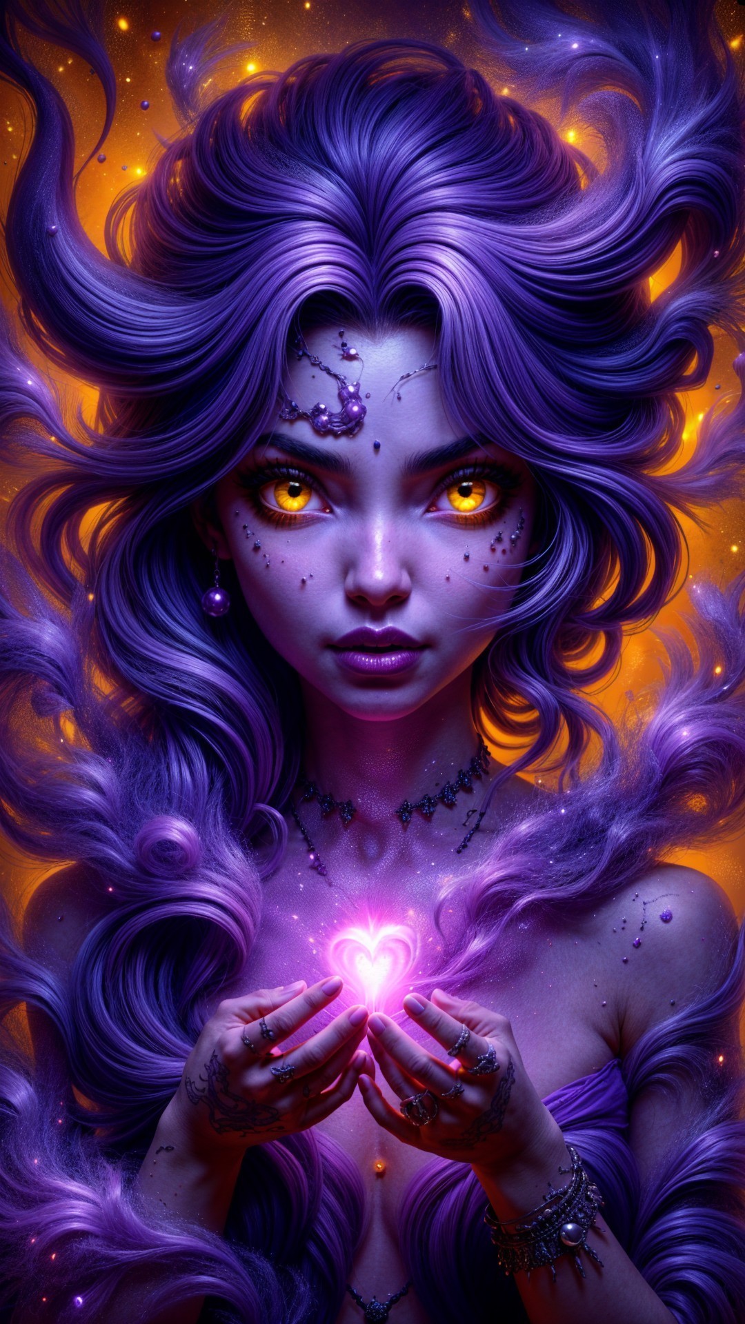 Mystical figure with purple hair and glowing eyes