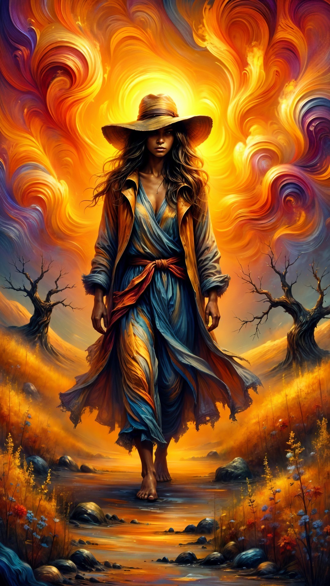 Mysterious Figure in Vibrant Clothing on Winding Path