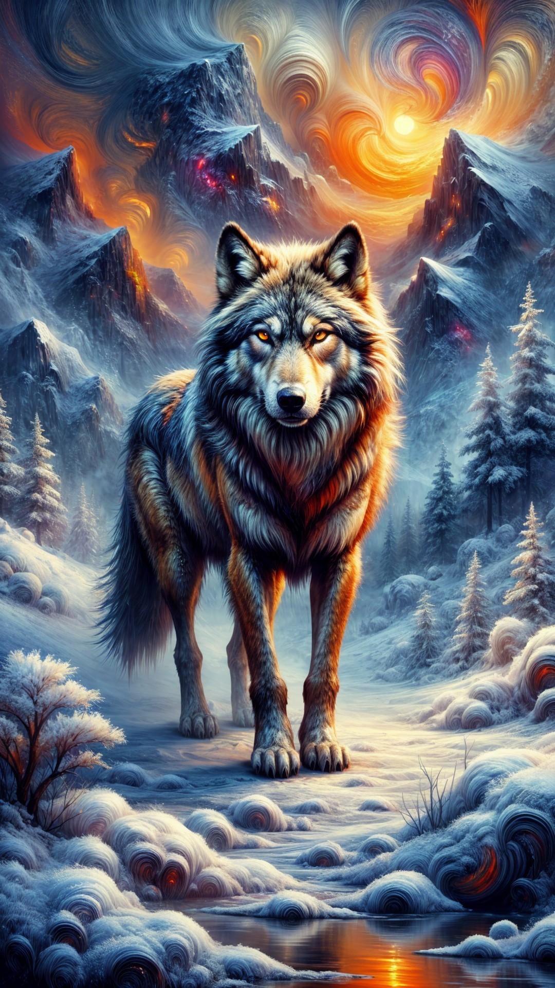 Majestic wolf in snowy landscape at sunset
