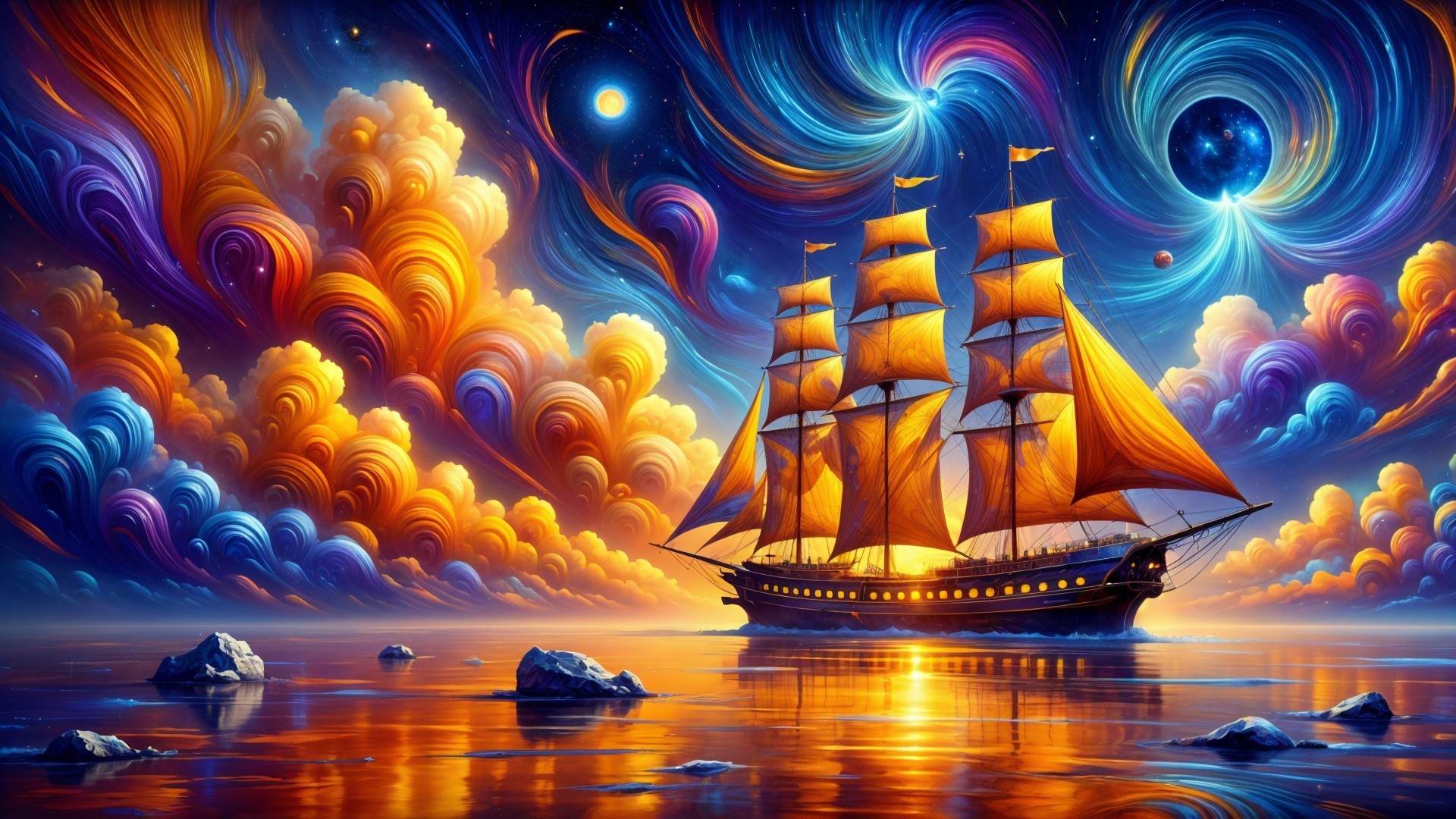 Majestic ship with orange sails in vibrant sunset waters