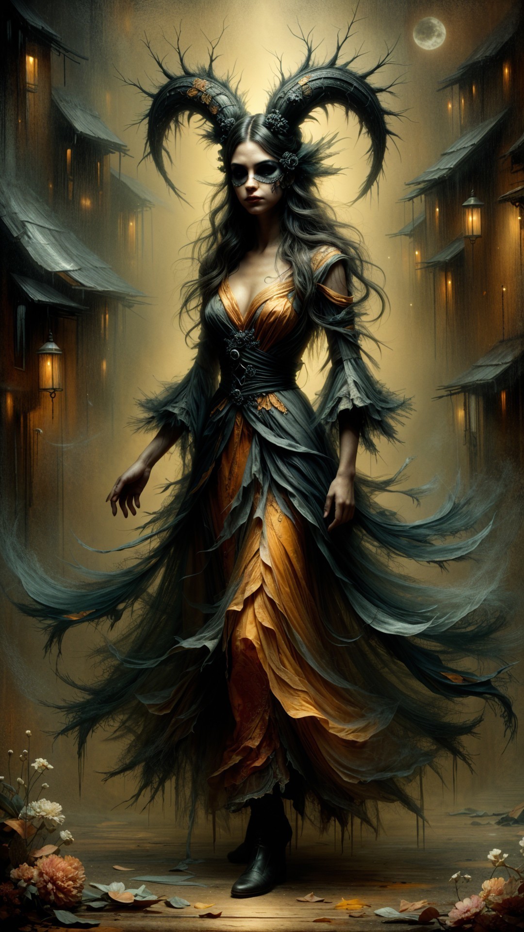 Mystical figure in orange gown among lantern-lit buildings