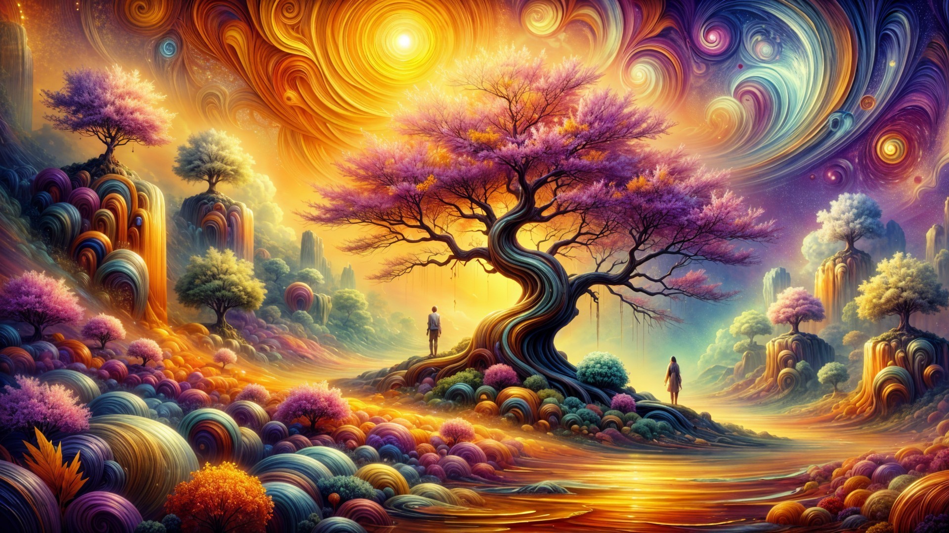 Vibrant Whimsical Landscape with Surreal Elements