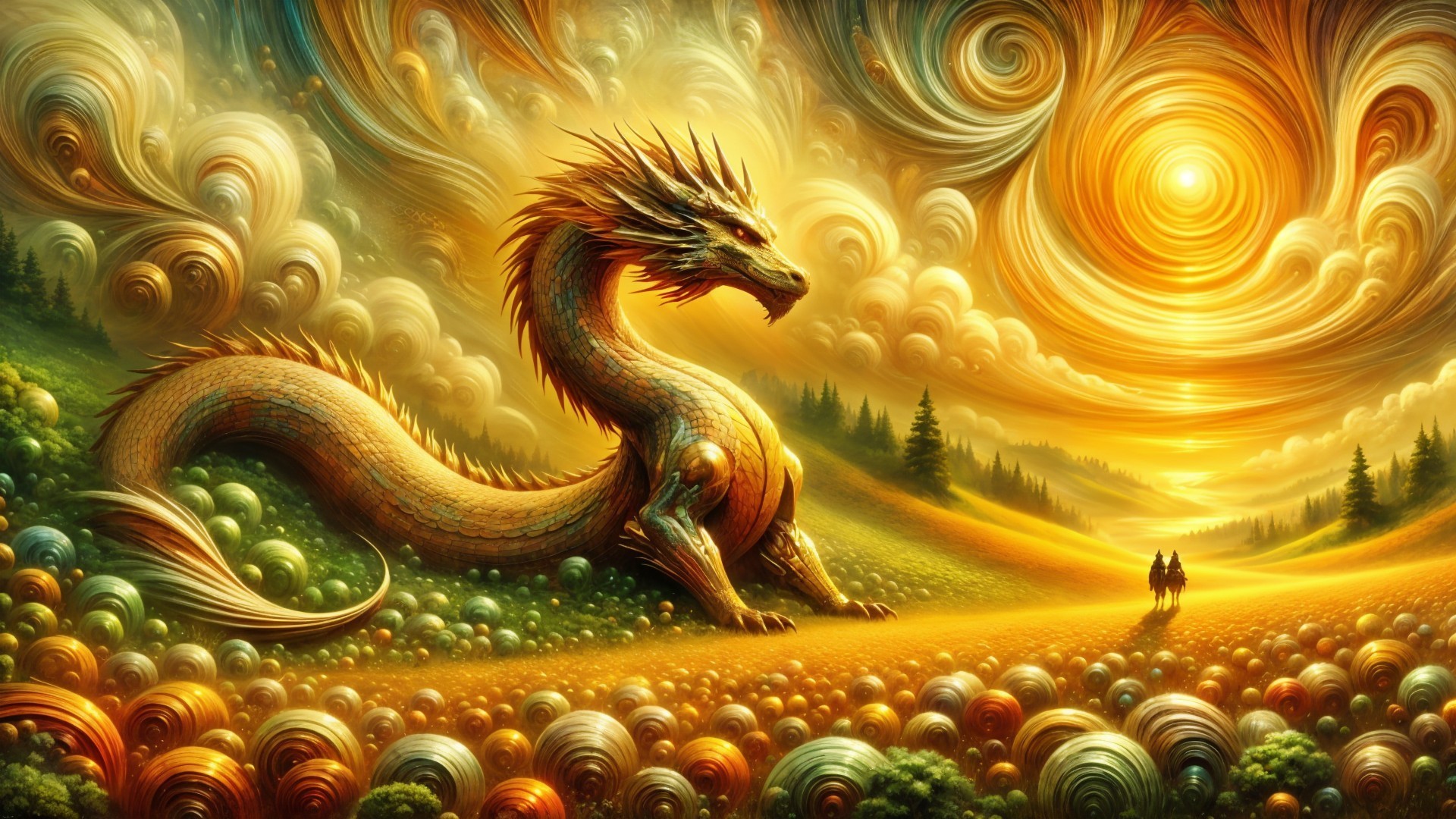 Majestic dragon in vibrant sunset landscape scene