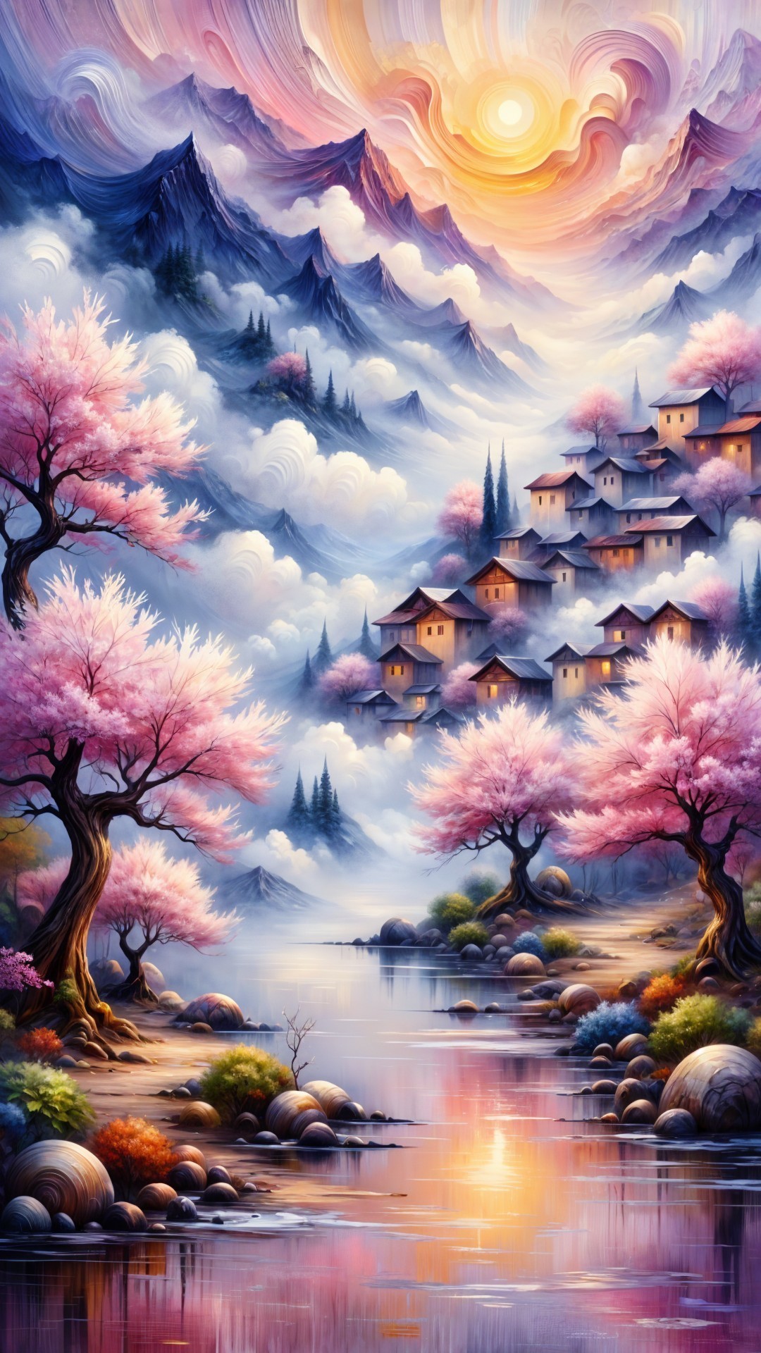Serene Landscape with Mountains and Cherry Blossoms