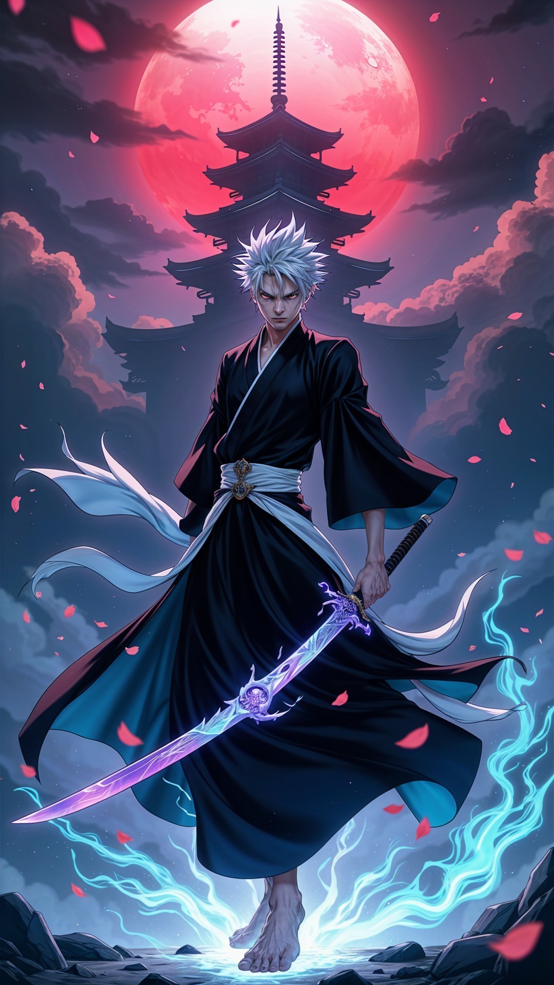 Dramatic Figure in Black Kimono with Red Moon Backdrop