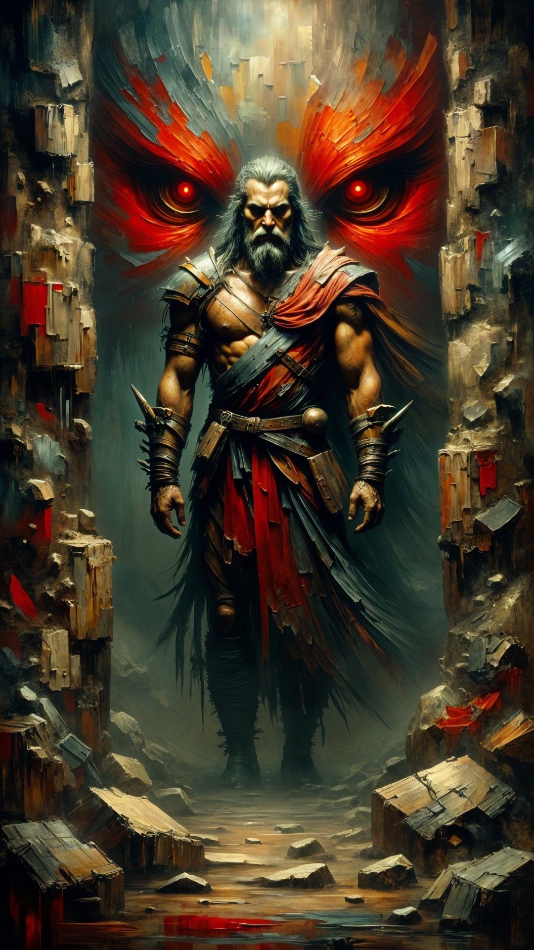 Muscular Warrior in Dramatic Shadowy Setting
