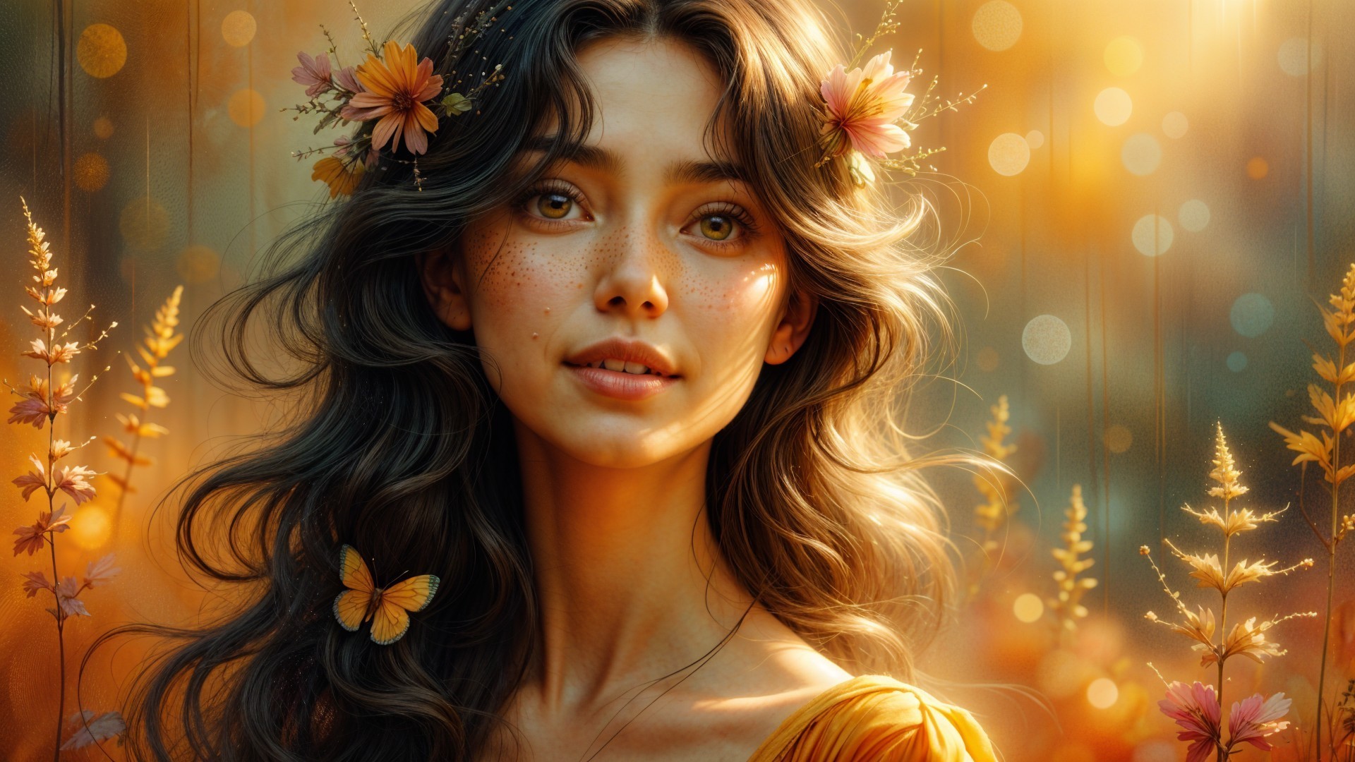 Young woman with floral hair in dreamy light setting