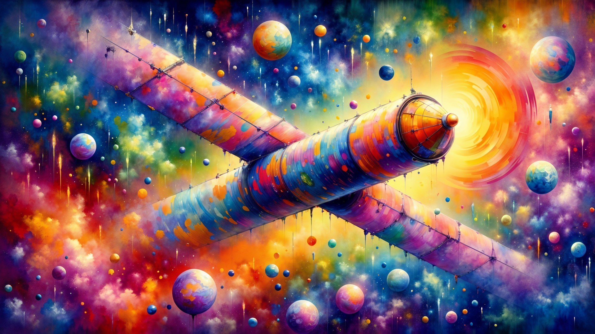 Vibrant Cosmic Scene with Colorful Spacecraft and Planets