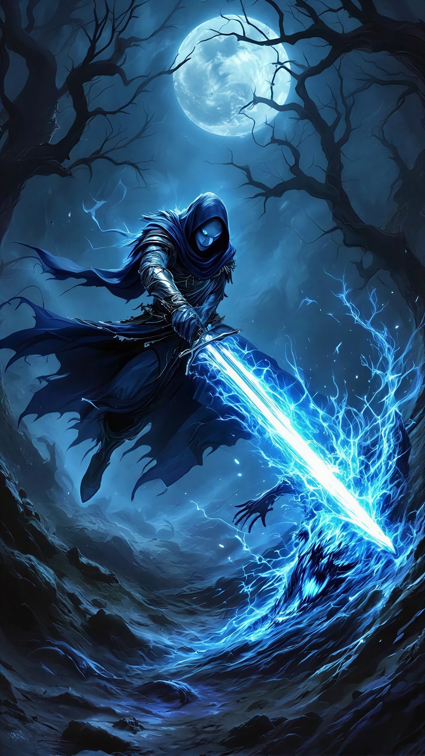 Dark Fantasy Scene with Hooded Figure and Energy Opponent
