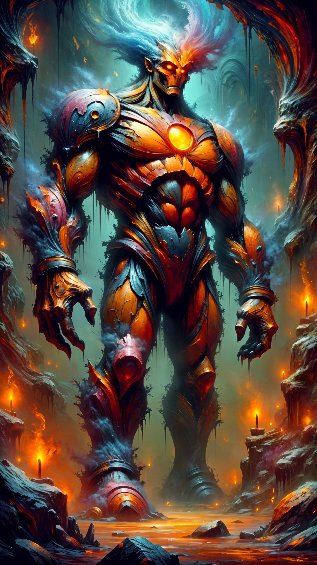 Colossal Figure in Mystical Cavern with Ethereal Flames
