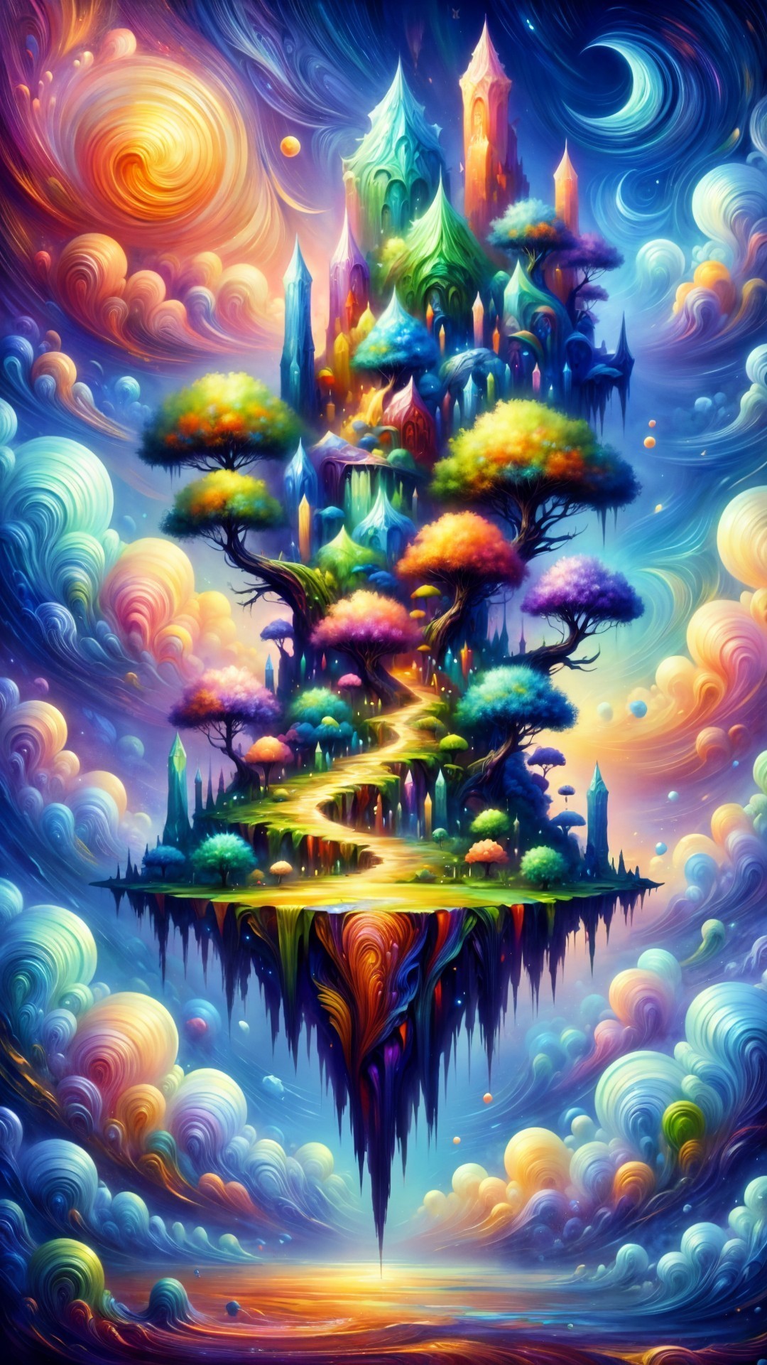 Vibrant Dreamlike Landscape with Floating Castle