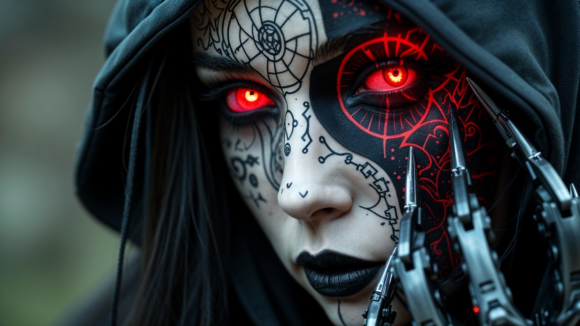 Intricate Black and Red Cybernetic Facial Design