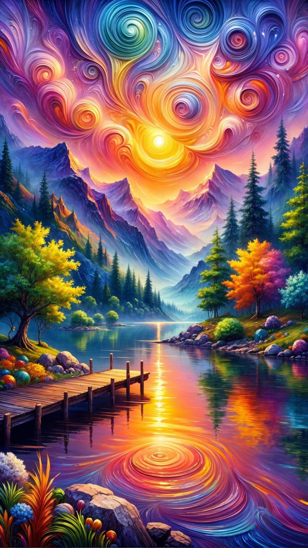 Vibrant Landscape with Lake and Majestic Mountains