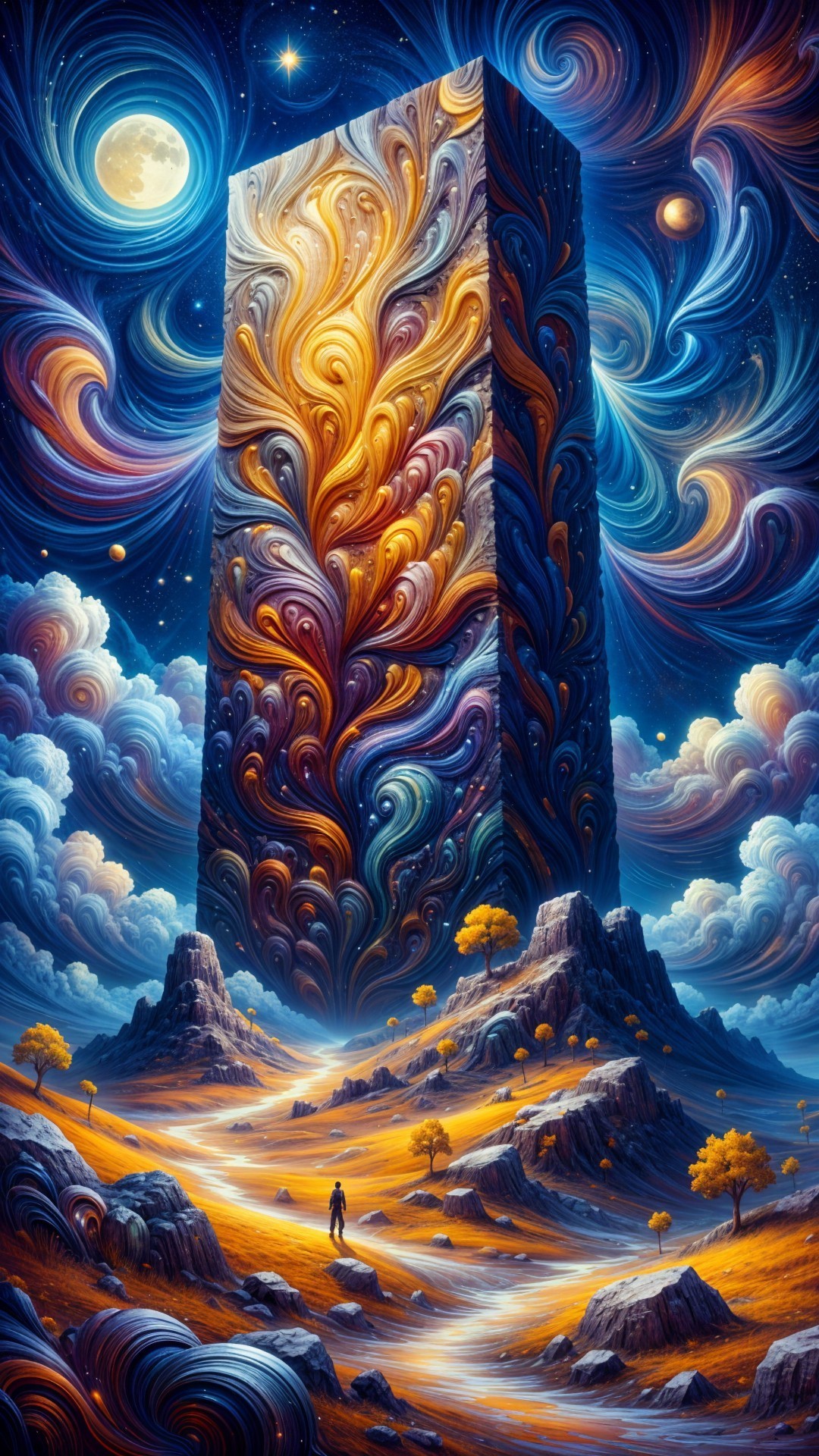 Monolith Against Cosmic Backdrop with Vibrant Colors