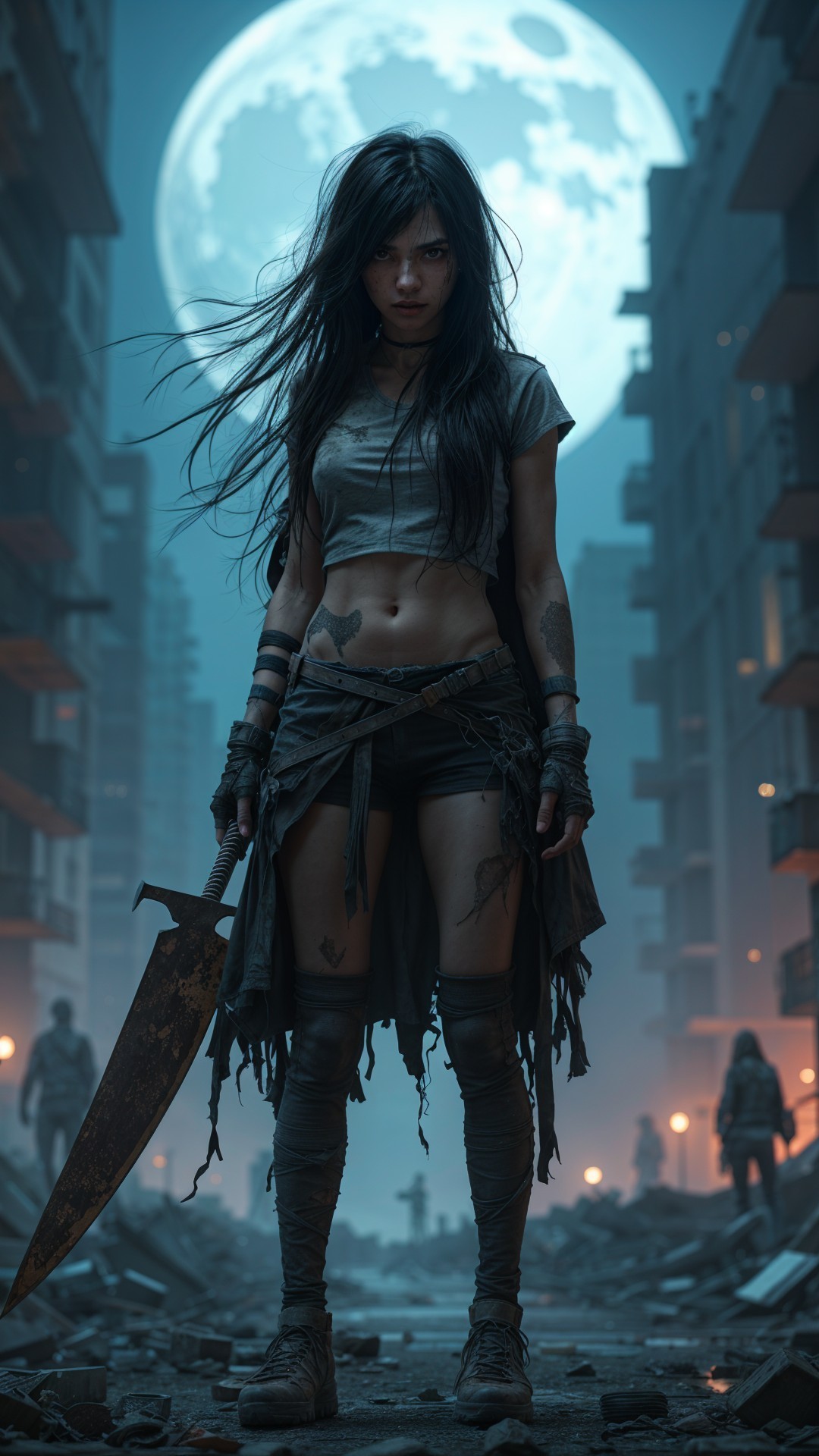 Fierce warrior in a desolate urban landscape at night