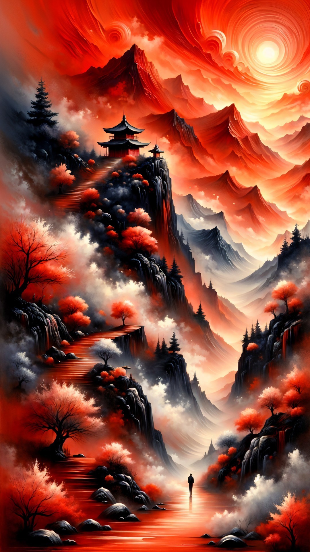 Dramatic Mountain Landscape with Fiery Colors and Pagodas