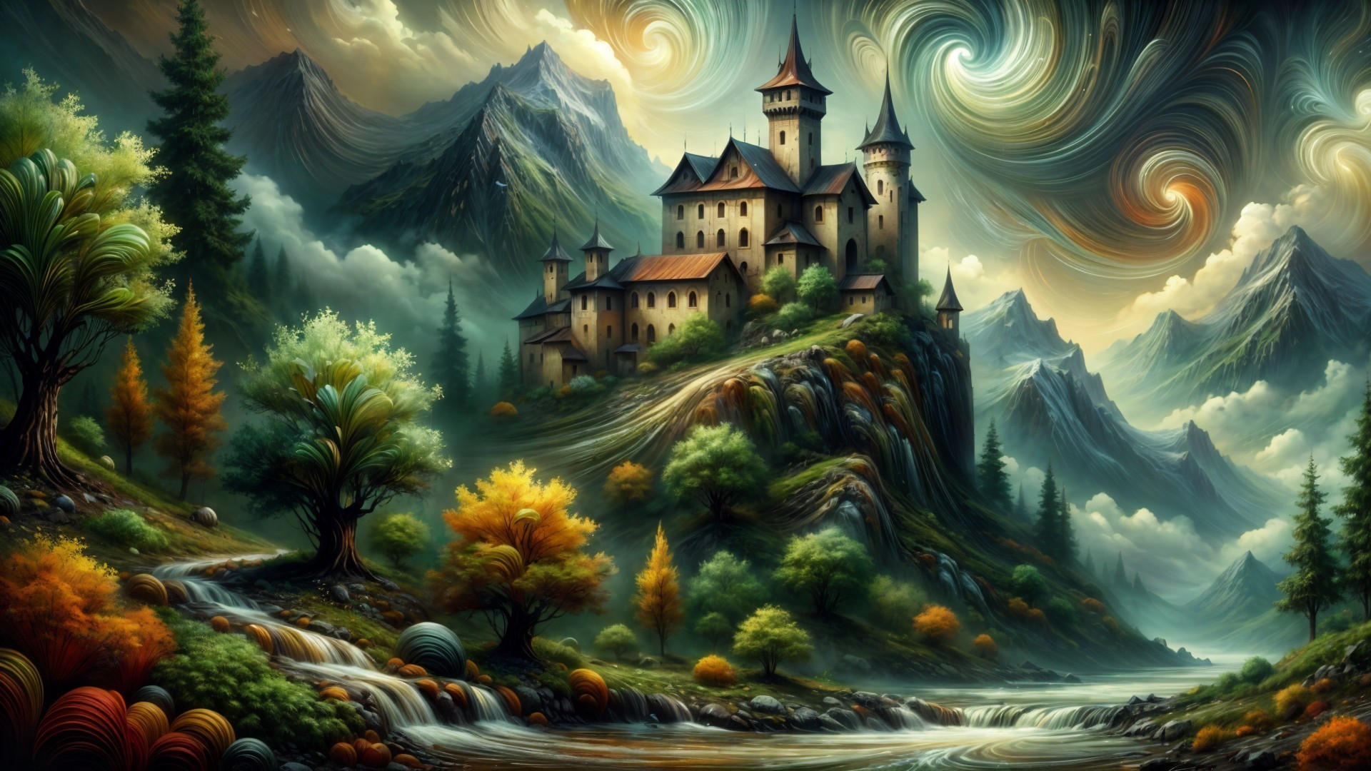 Majestic Castle on Rugged Hill Amidst Vibrant Nature