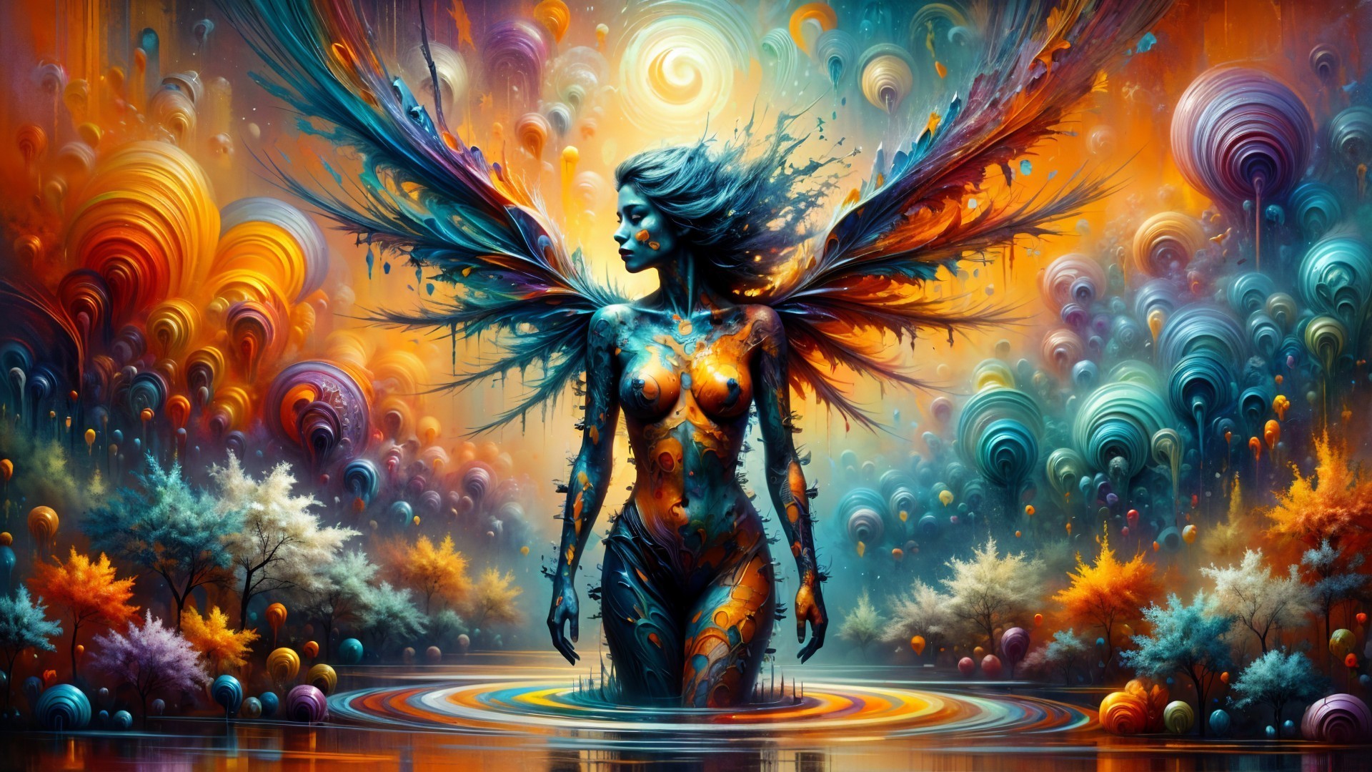 Vividly Colored Figure in Surreal Water Landscape