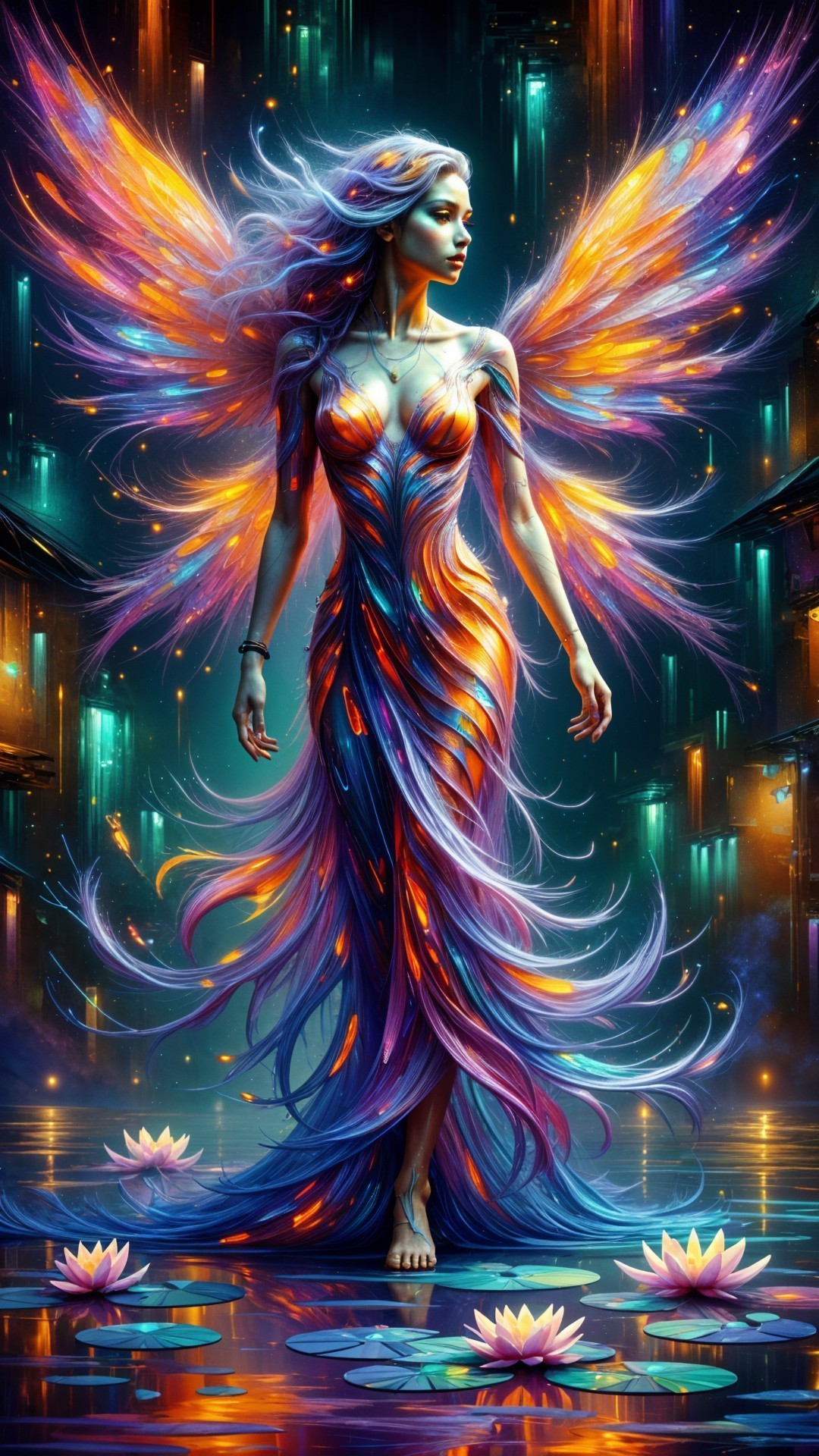 Mystical Figure in Vibrant Gown and Ethereal Wings