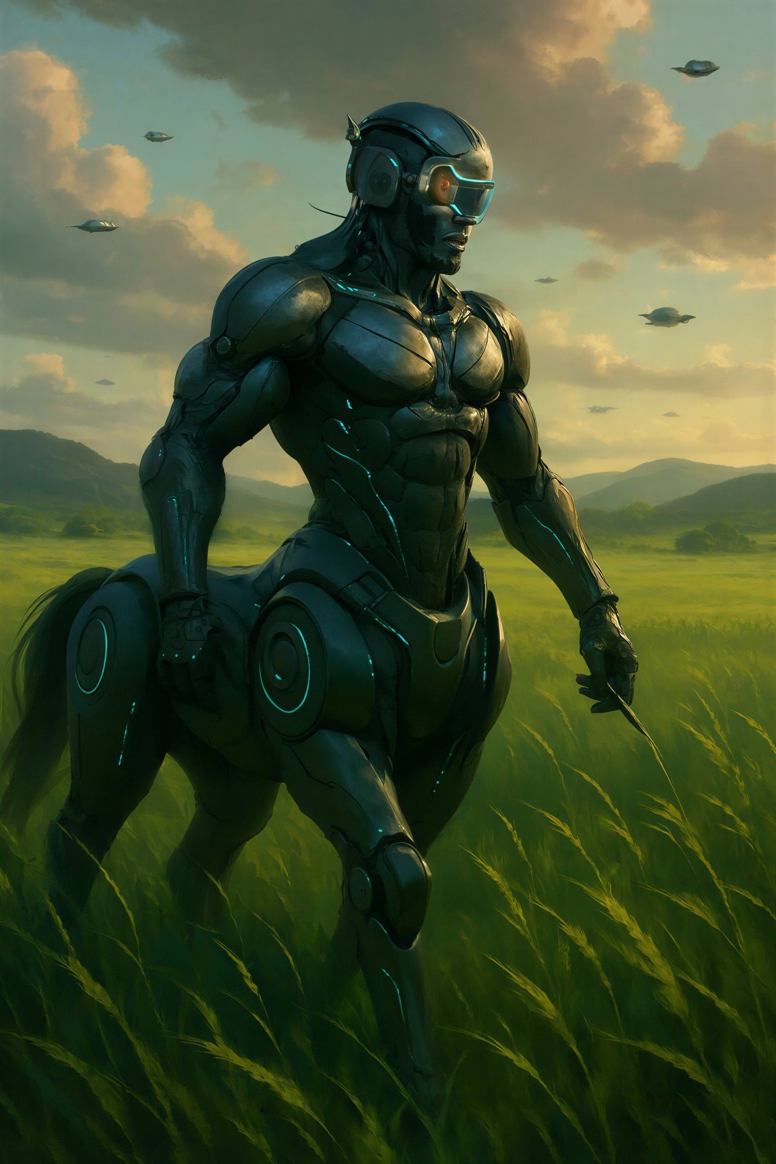 Muscular Robotic Centaur in Tall Green Grass Field