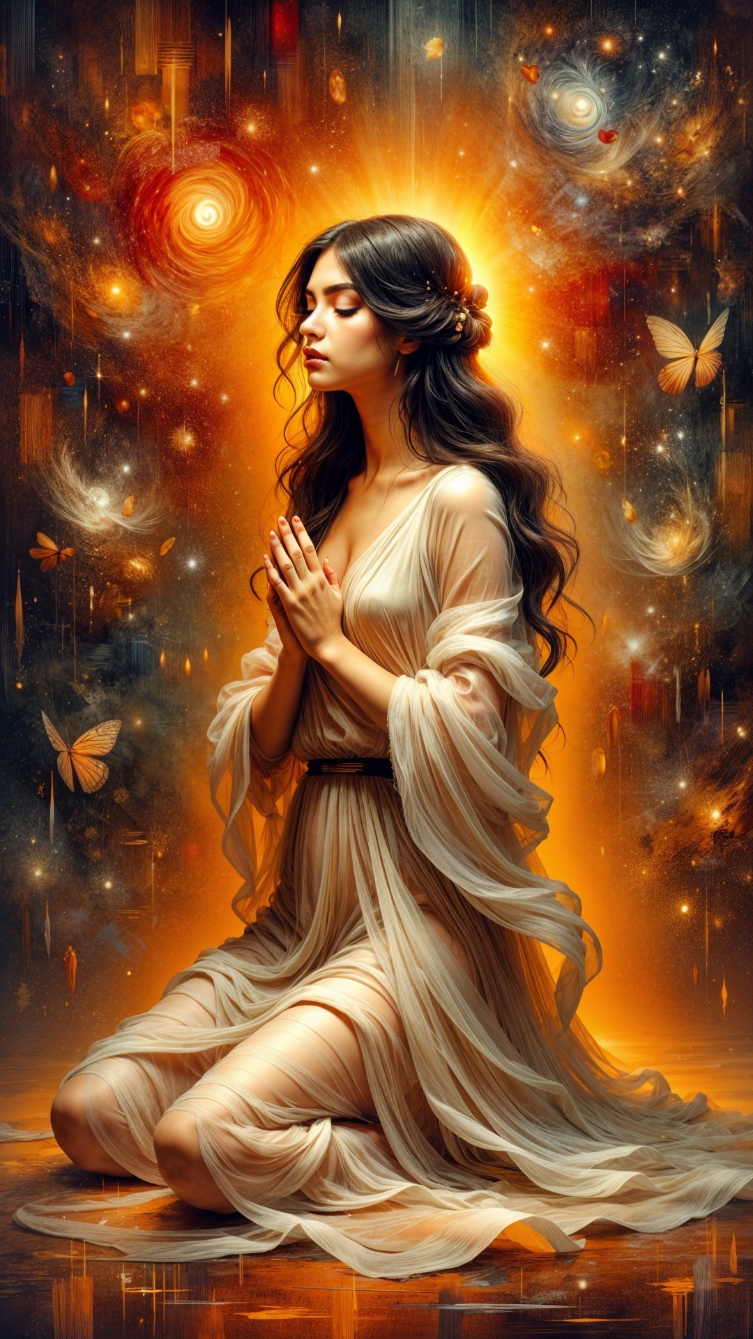 Serene Woman in Cosmic Setting with Galaxies and Light