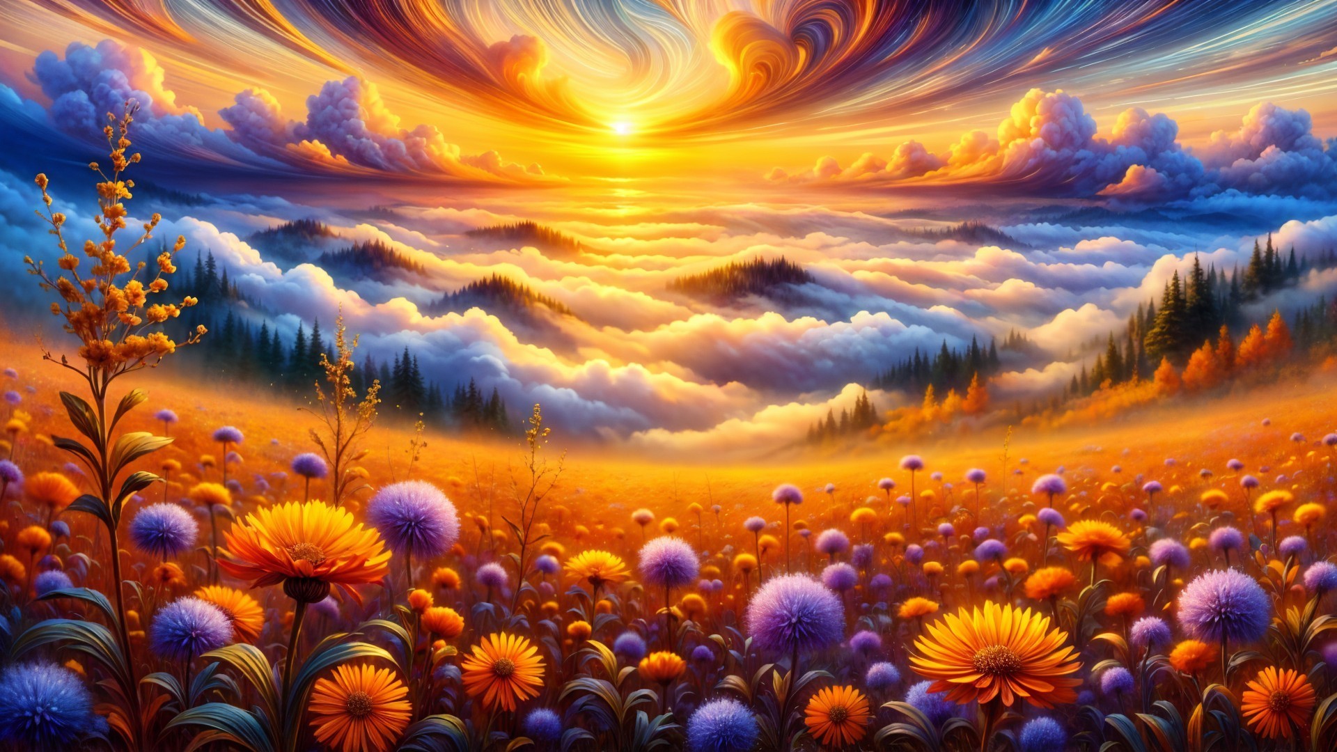 Vibrant Sunset Landscape with Colorful Flowers and Mist