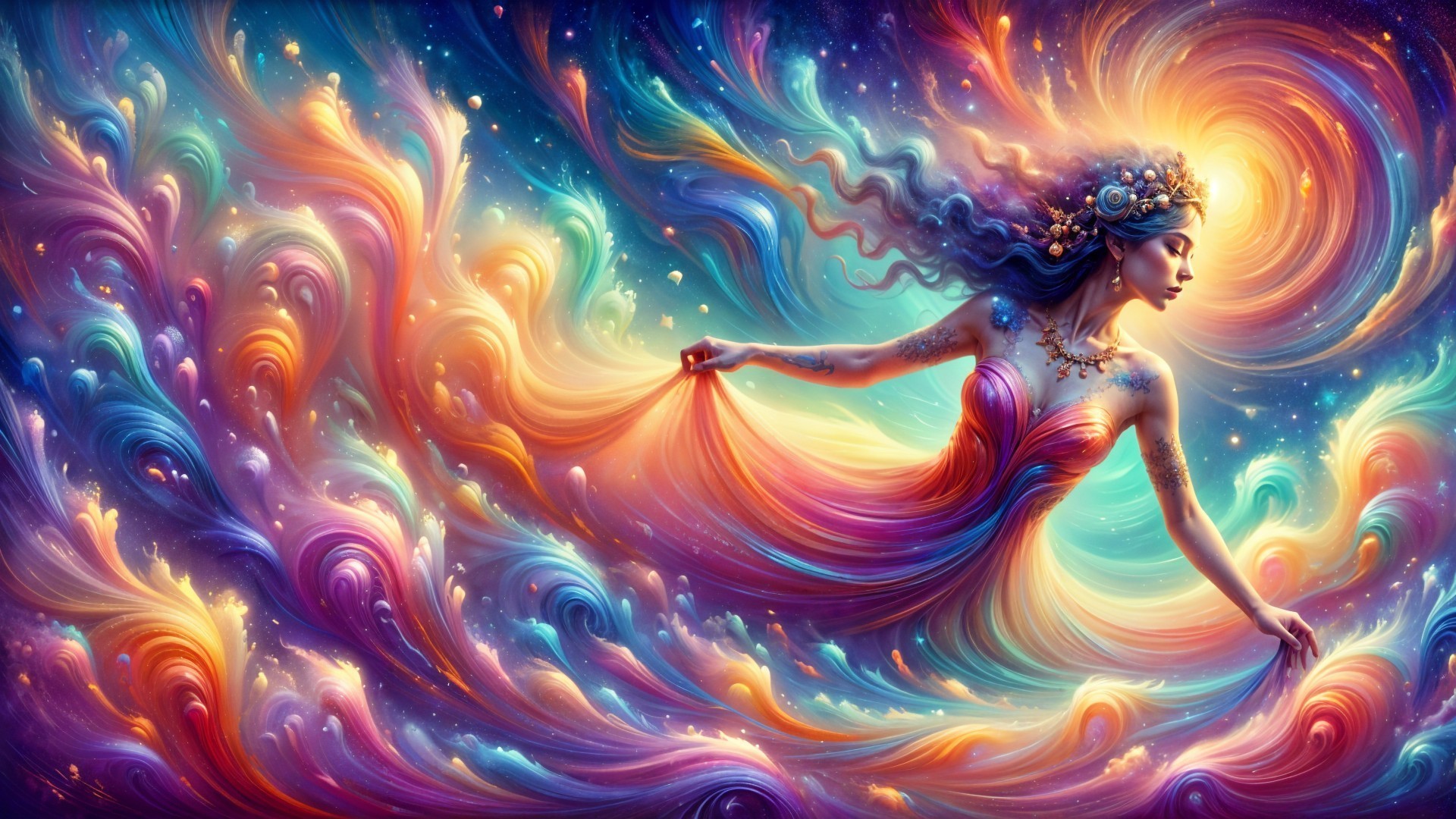 Vibrant Figure in Colorful Fabric Amidst Cosmic Swirl