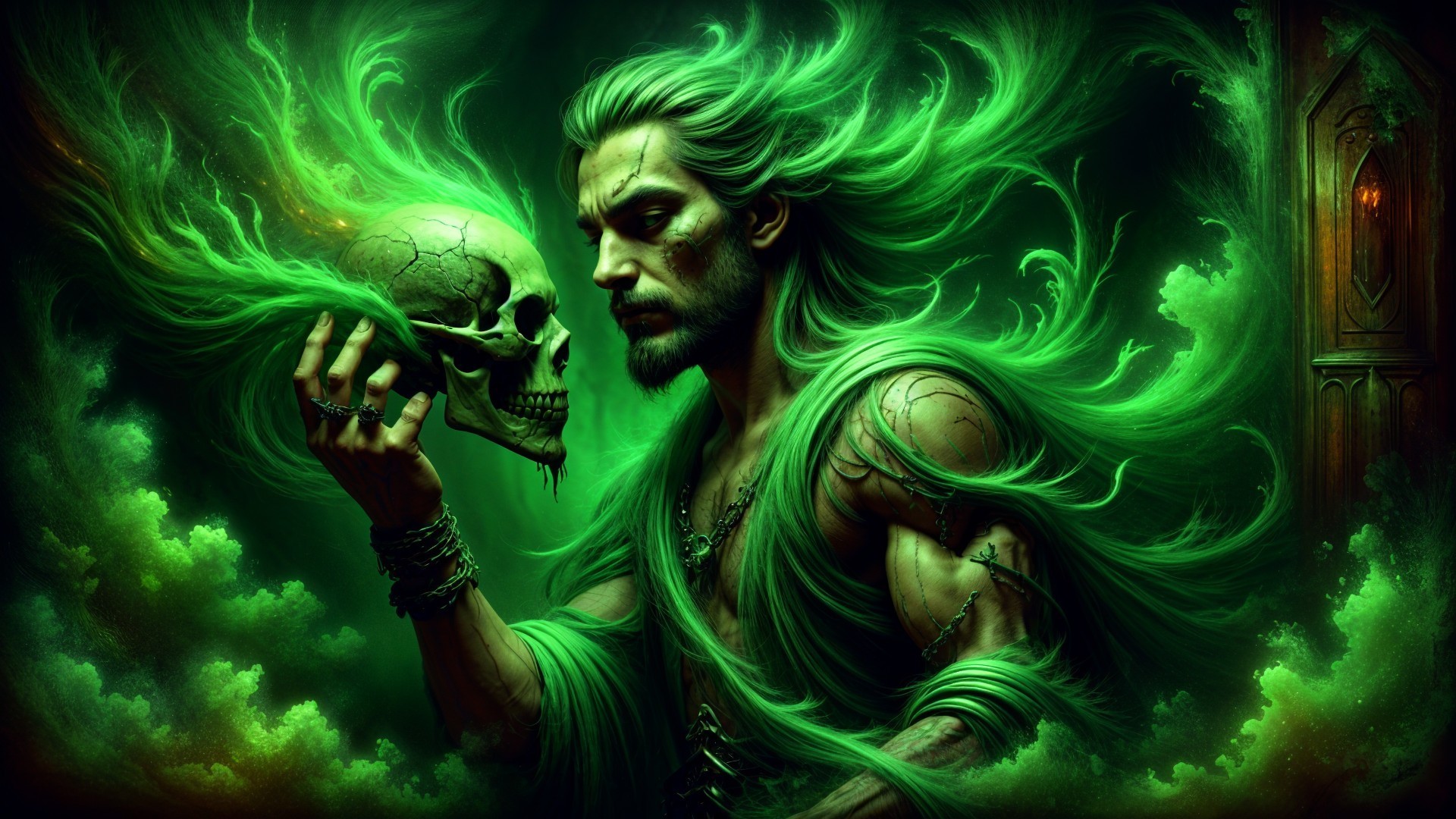 Mystical Figure with Green Hair and Skull in Hand