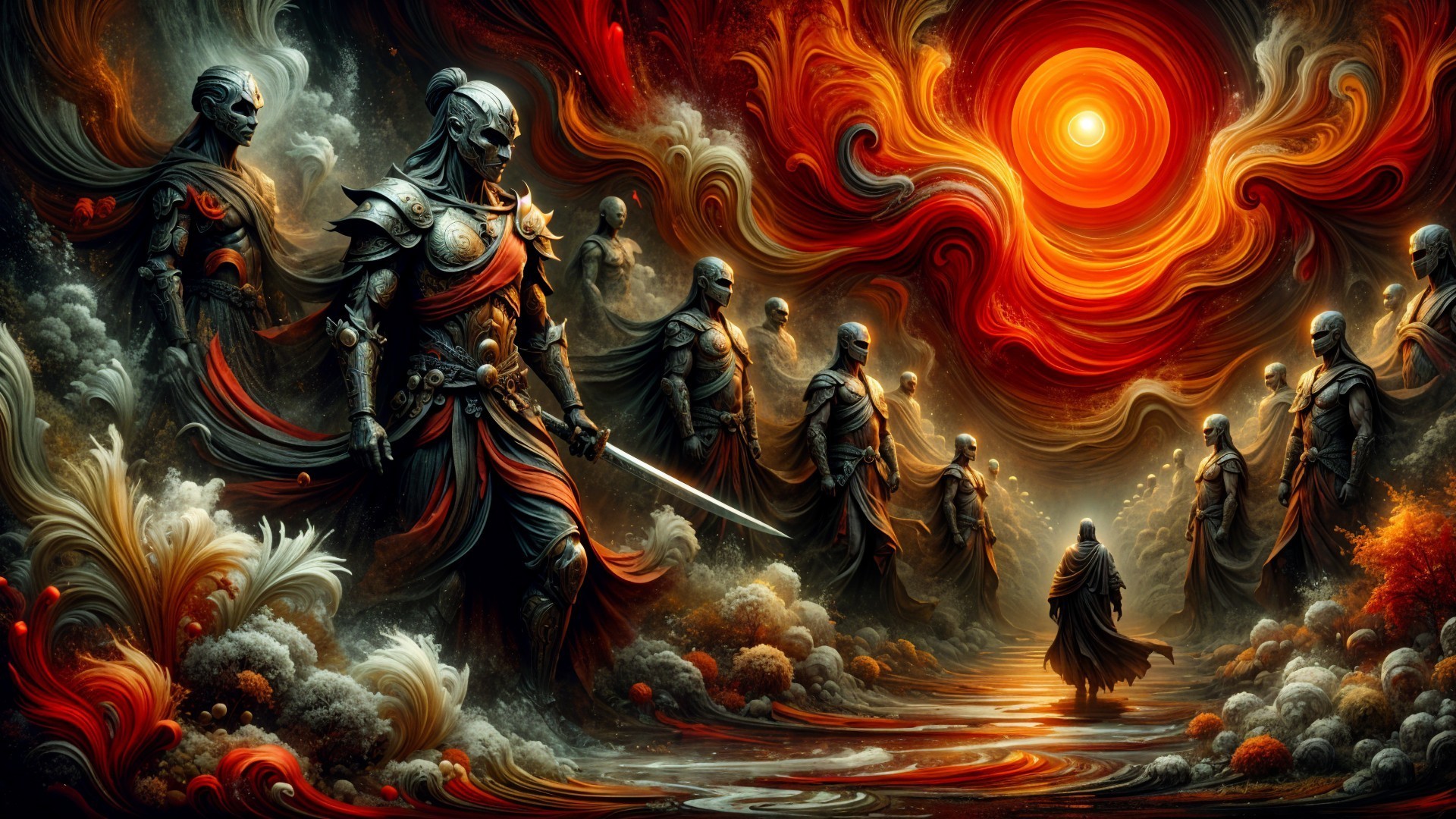 Armored Warriors in Fiery, Mythical Landscape