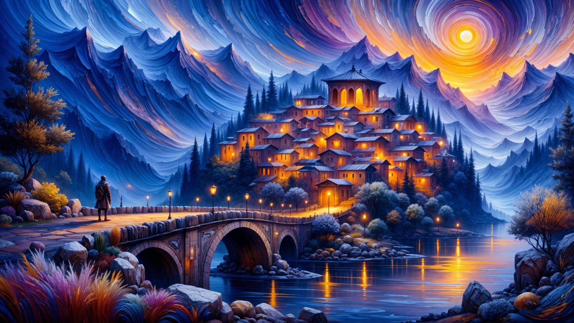 Twilight Village Scene with Mountains and River Reflection