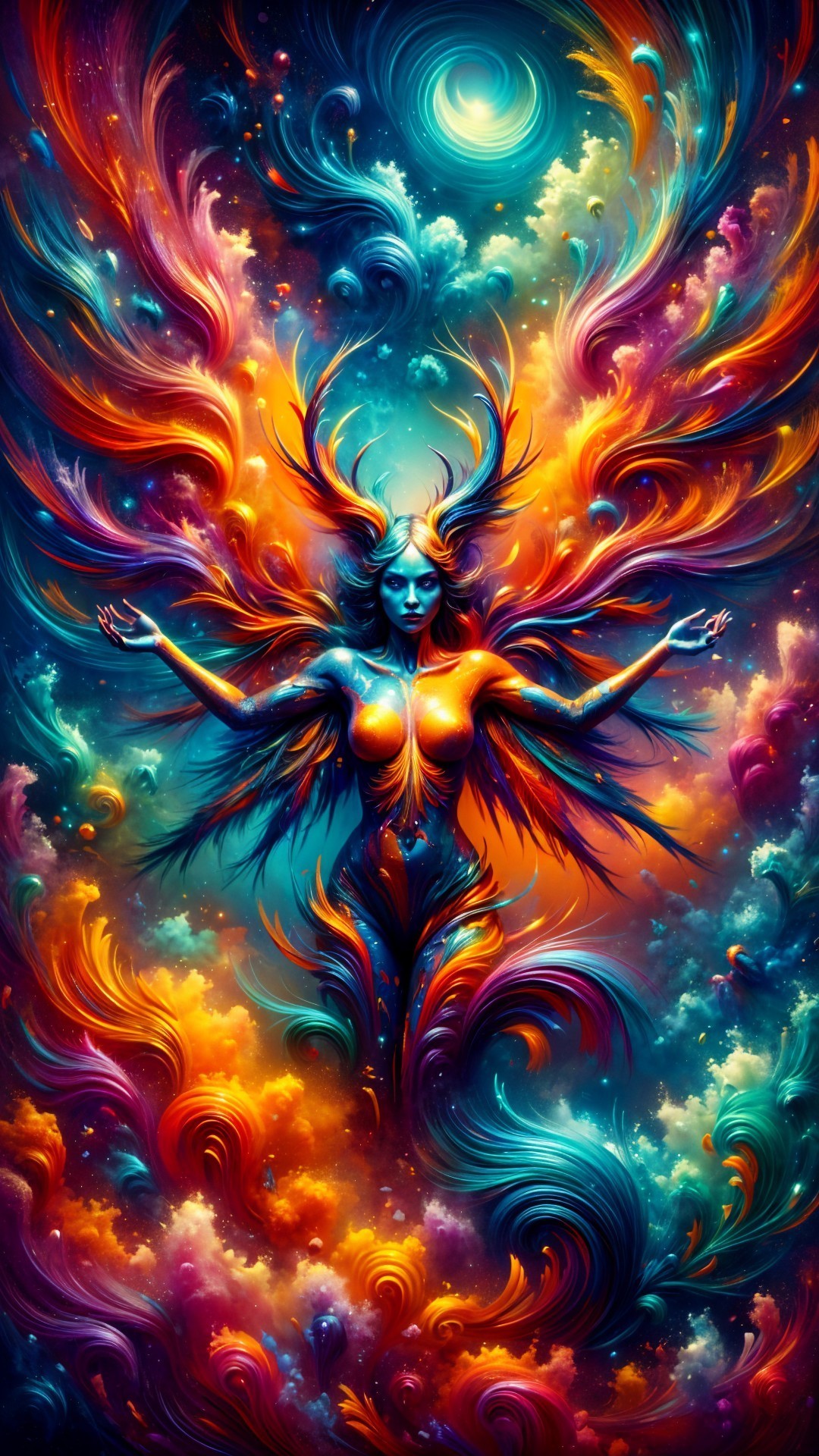 Ethereal Figure with Fiery Wings in Cosmic Colors