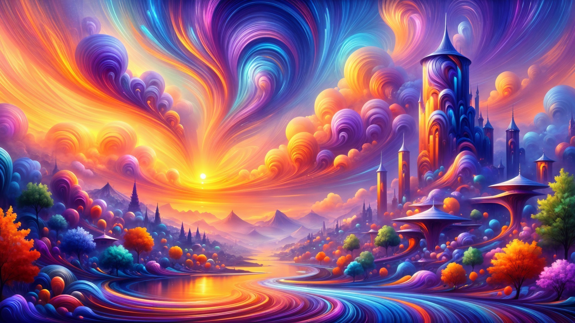 Vibrant Landscape with Sunset River and Whimsical Trees