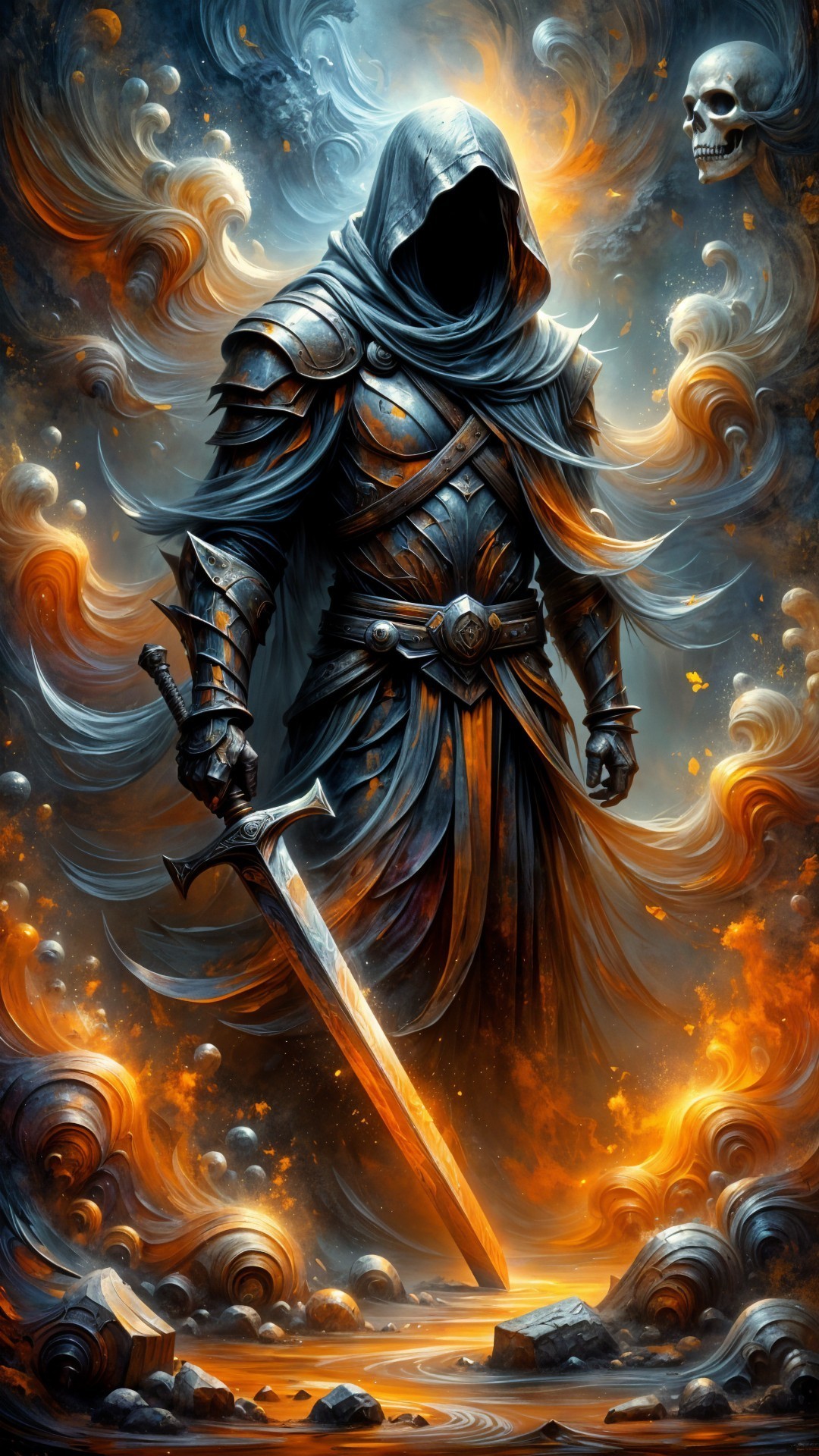 Cloaked Figure in Fiery Vortex with Mystical Elements