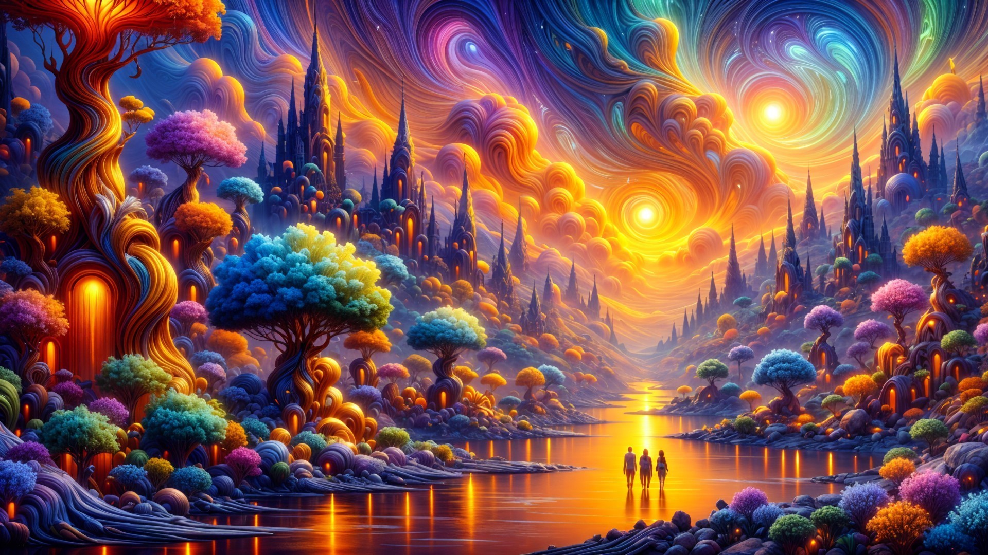 Vibrant Fantastical Landscape with Majestic Mountains
