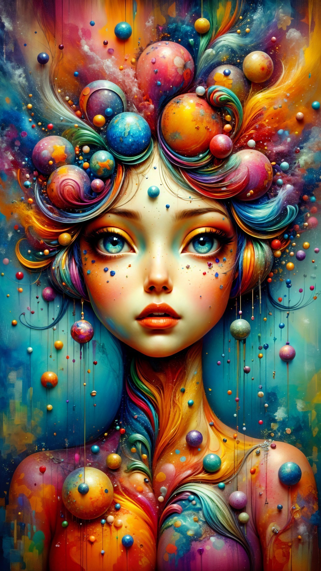 Vibrant Woman with Celestial Elements and Dreamlike Background