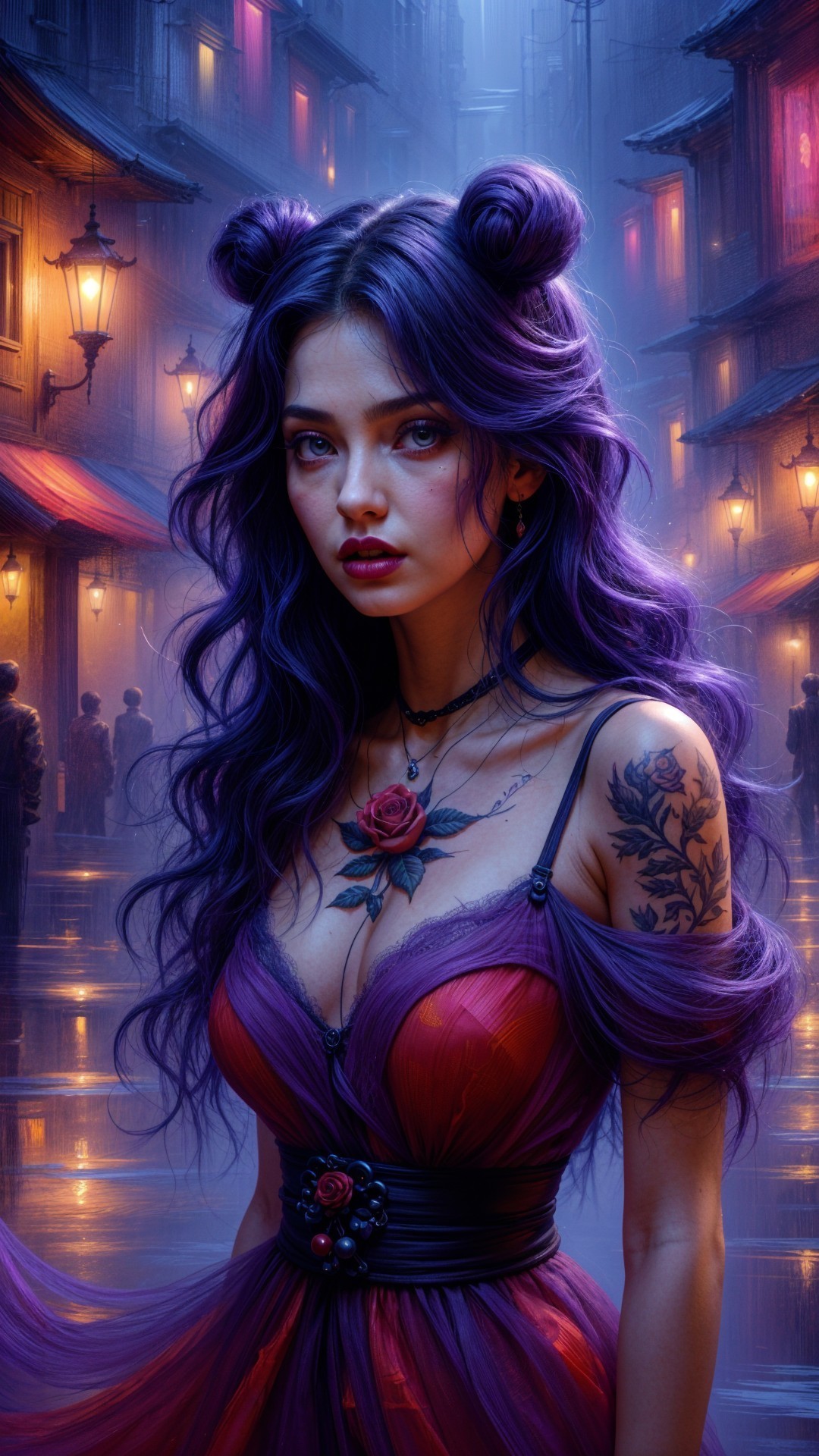 Misty Lantern-Lit Street with Woman in Vibrant Dress