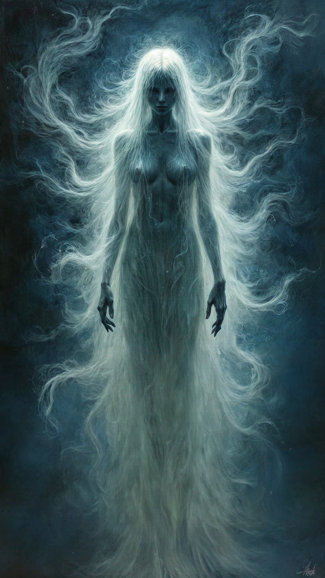 Ethereal Figure with Translucent Strands in Dark Background