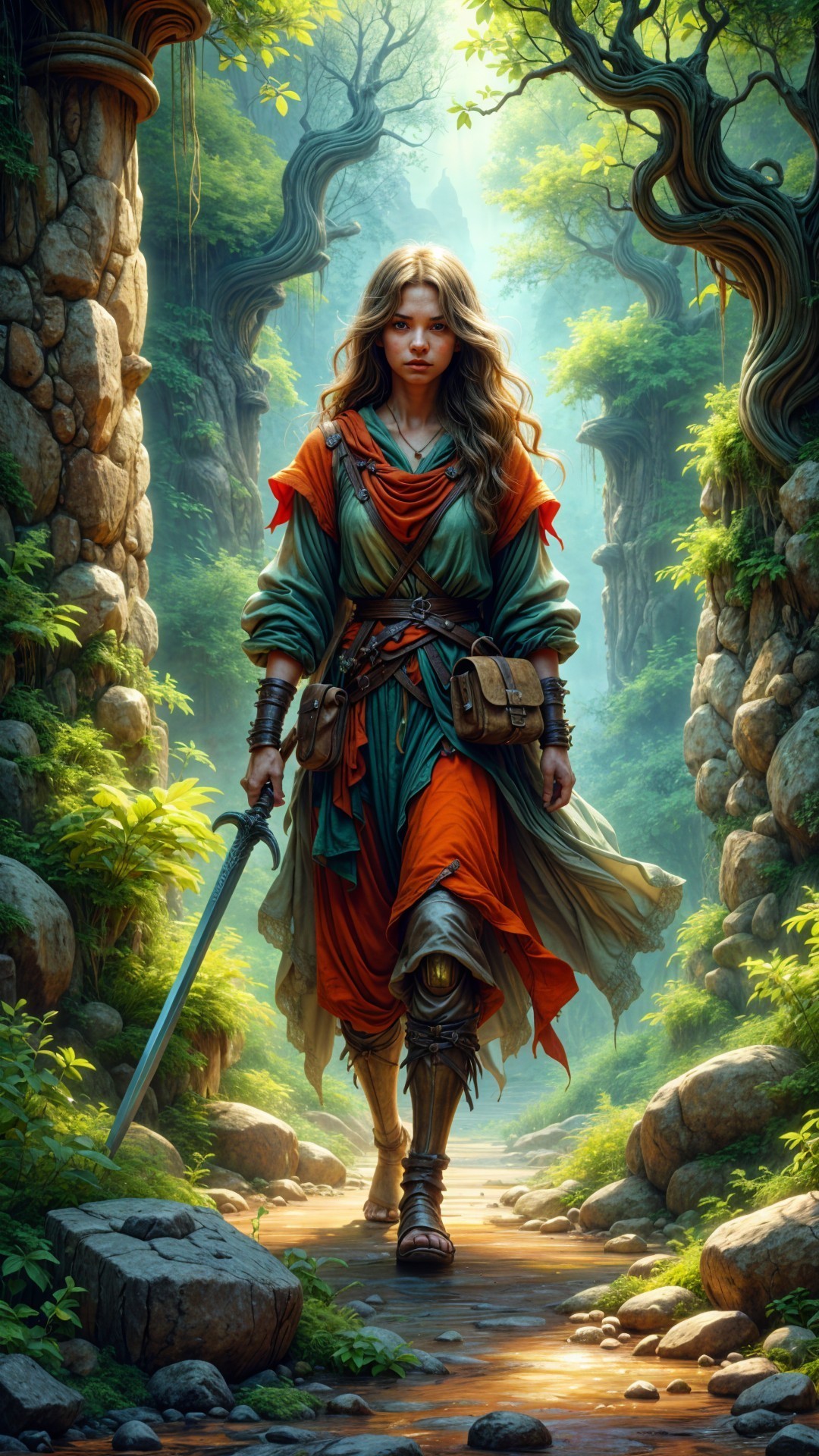 Warrior in Vibrant Garments in Mystical Forest