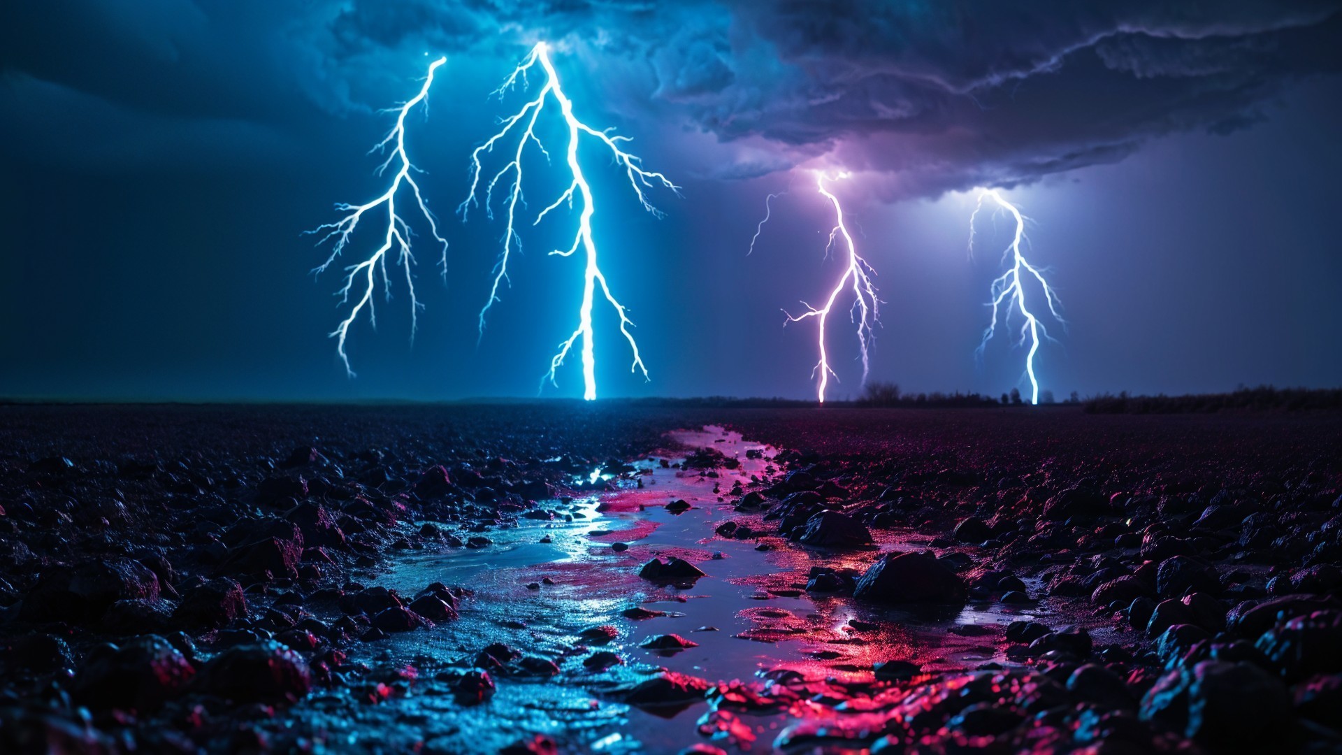 Dramatic Storm Scene with Lightning and Rocky Terrain