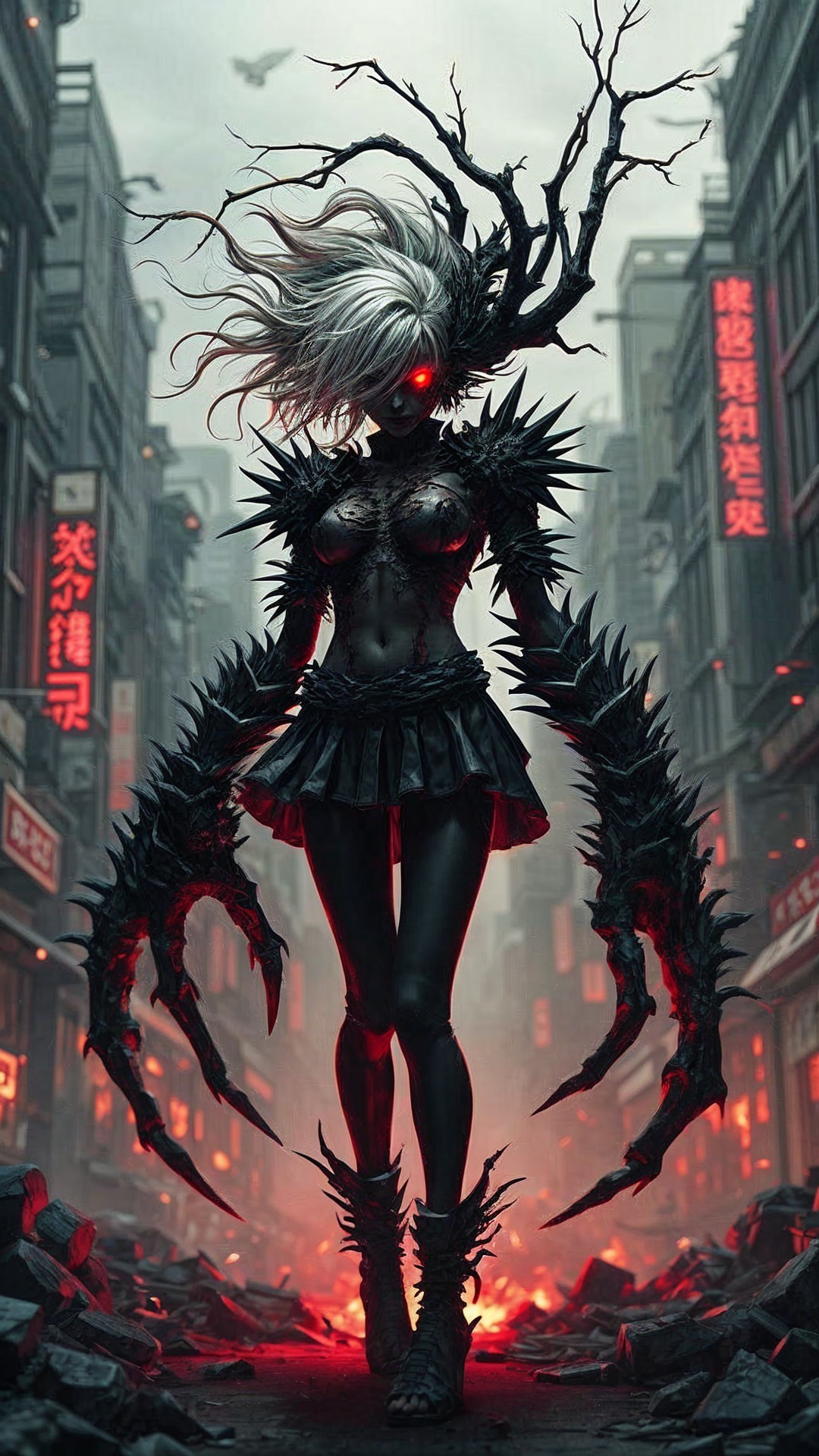 Dystopian Figure with White Hair in Urban Landscape