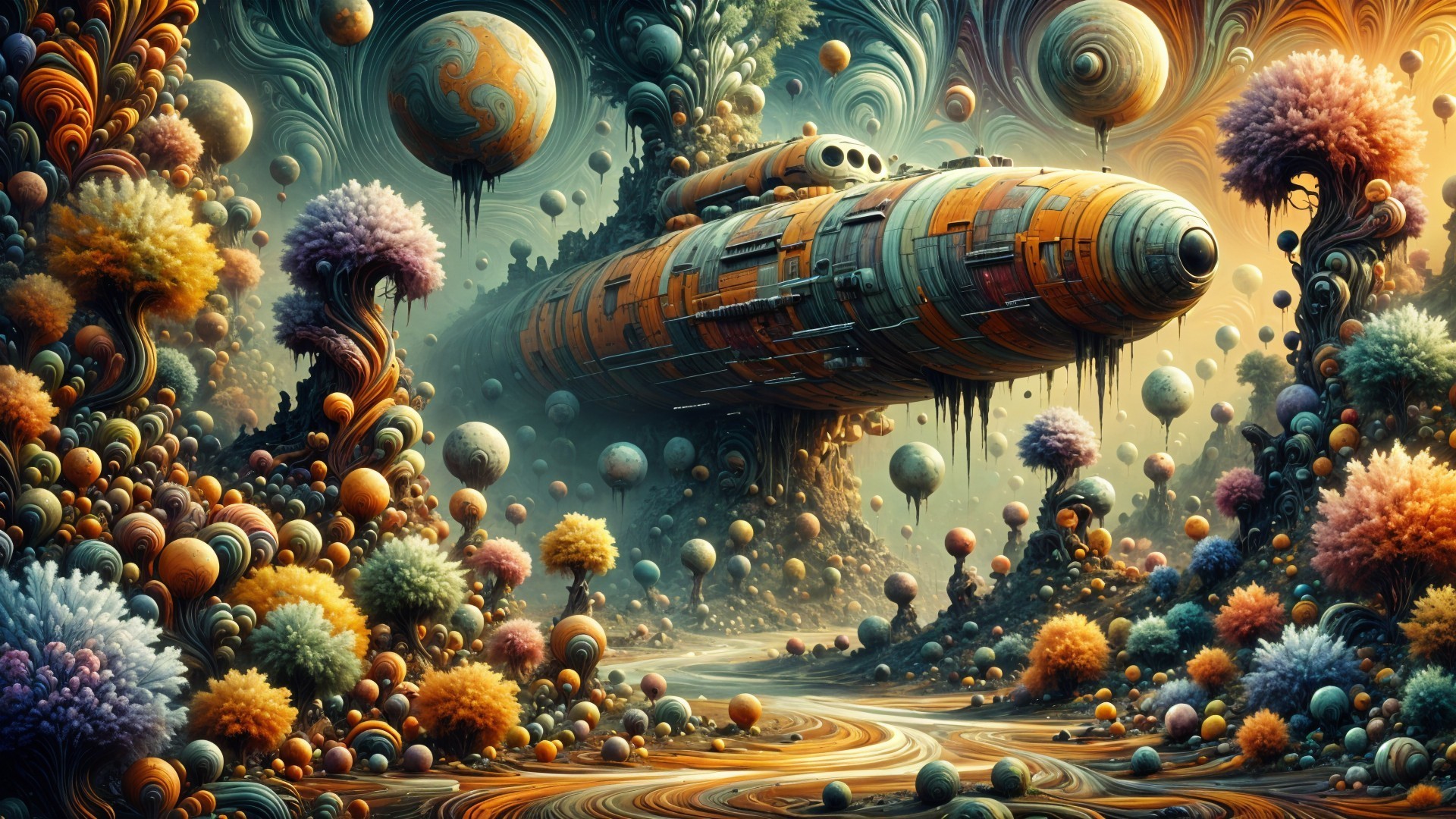 Intricate Spaceship Over Surreal Fantasy Landscape