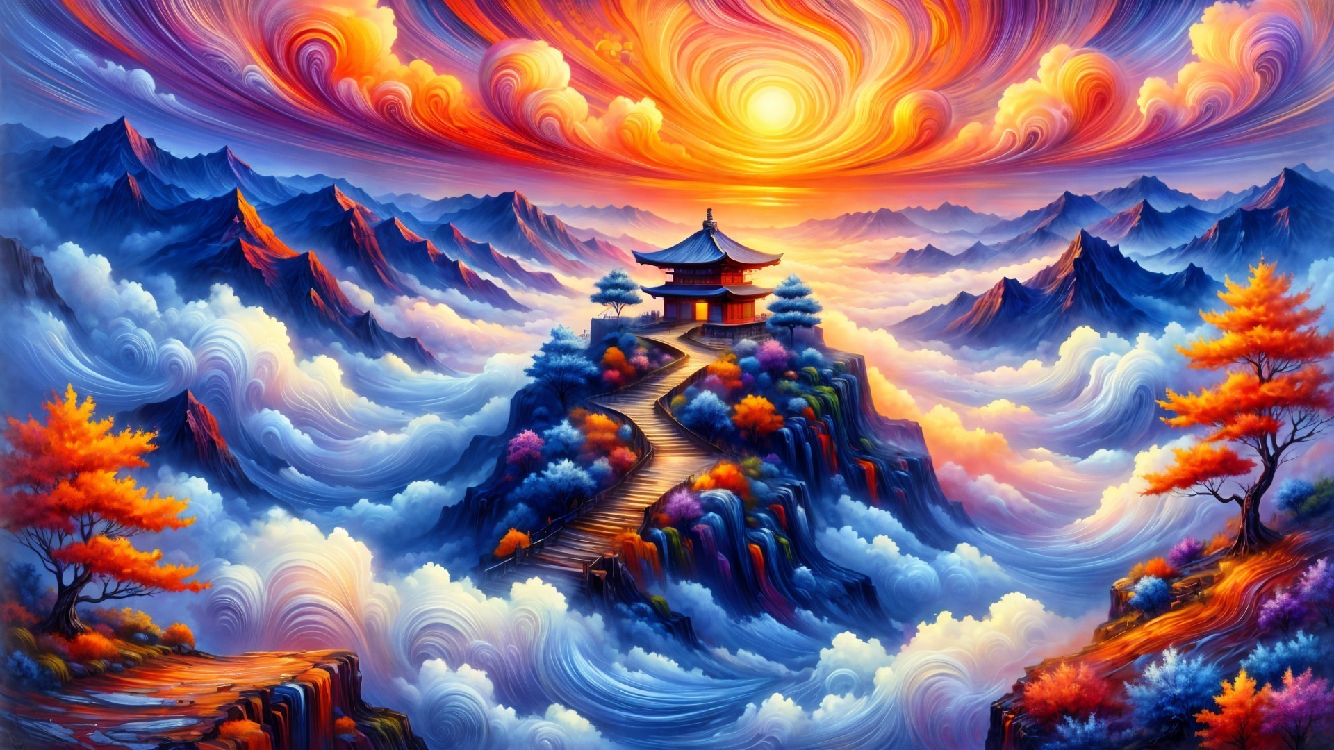 Surreal Landscape with Mountain and Pagoda at Sunset