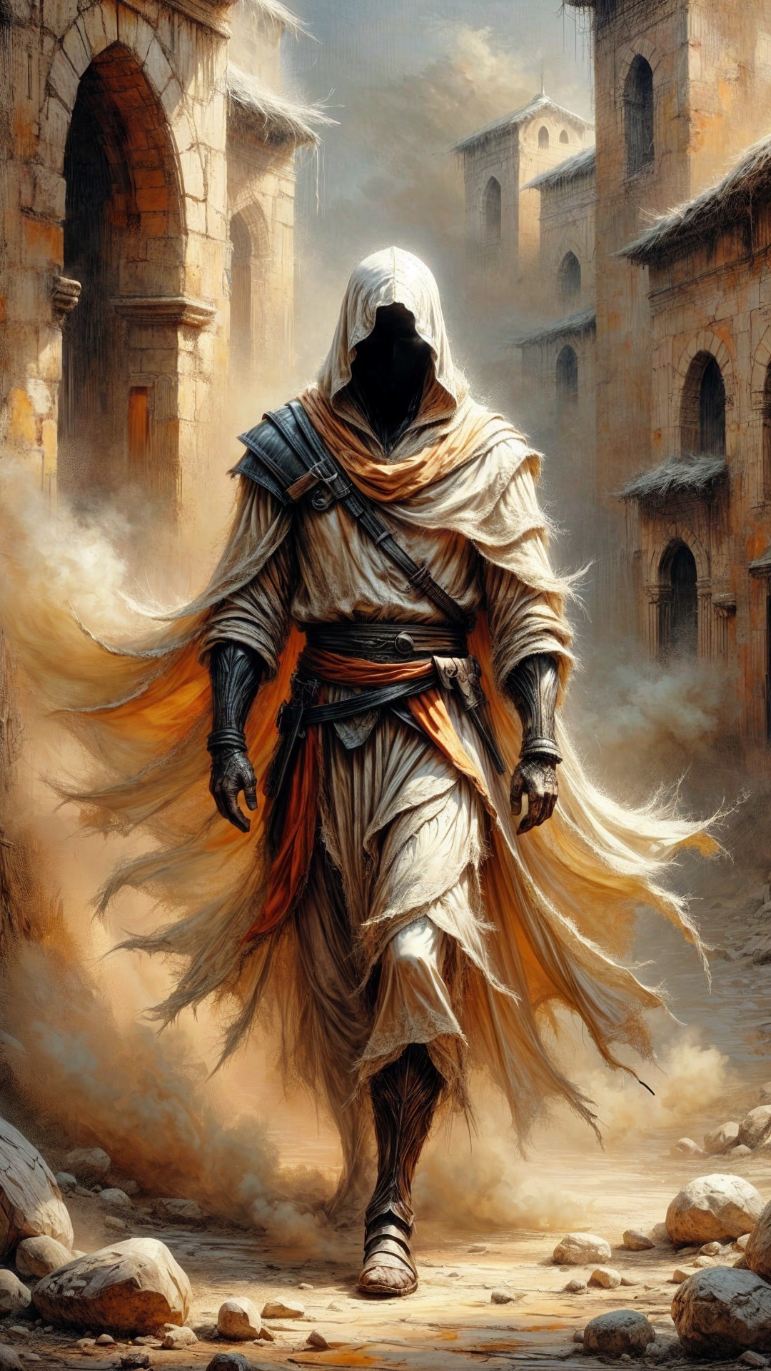 Cloaked Figure in Ancient Cityscape with Dusty Atmosphere