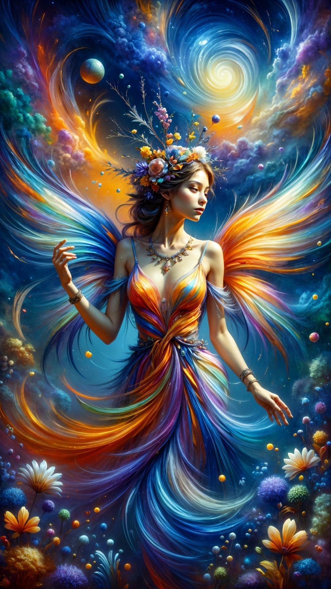 Vibrant Fantasy Scene with Colorful Winged Woman