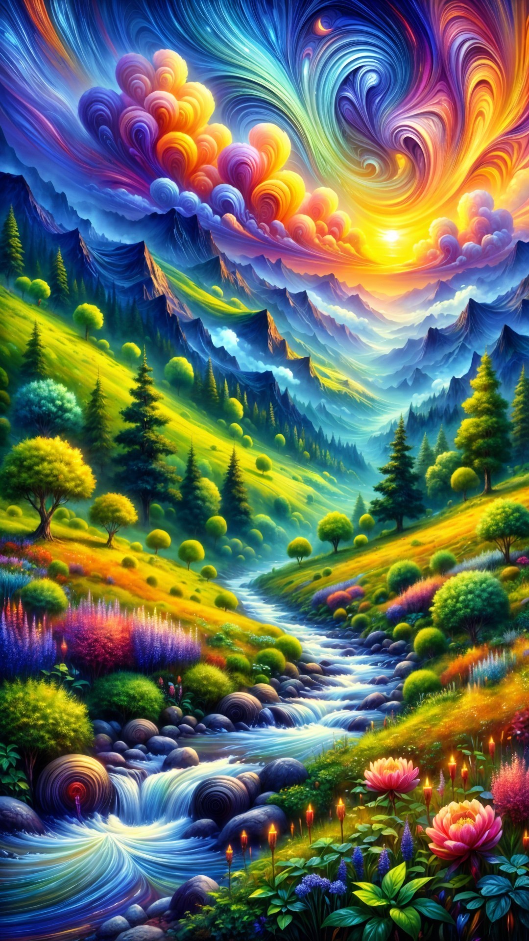 Vibrant Sunset Landscape with Mountains and Stream