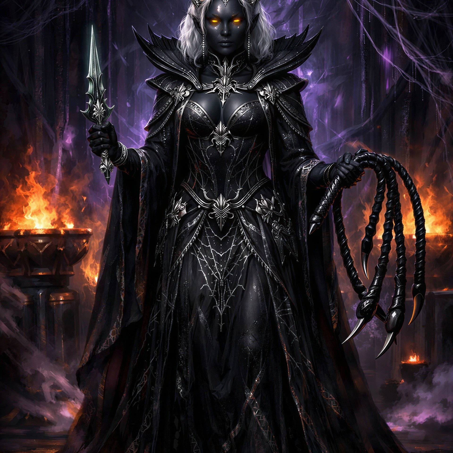 Drow Priestess in Dark Dungeon with Silver Dagger and Lash